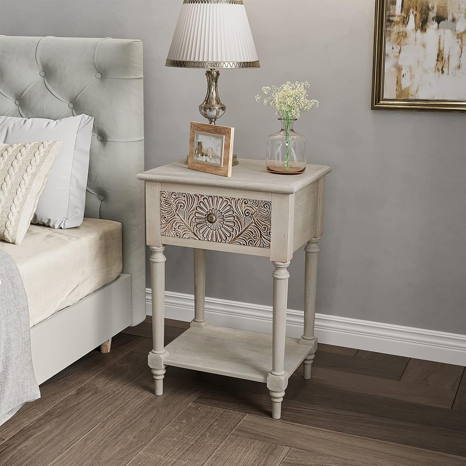 COSIEST 2 Pieces Vintage Nightstand, MDF 2-Tier Bedside Table, Wood Accent End Table with Storage Drawer and Open Display Shelf for Bedroom Living Room
