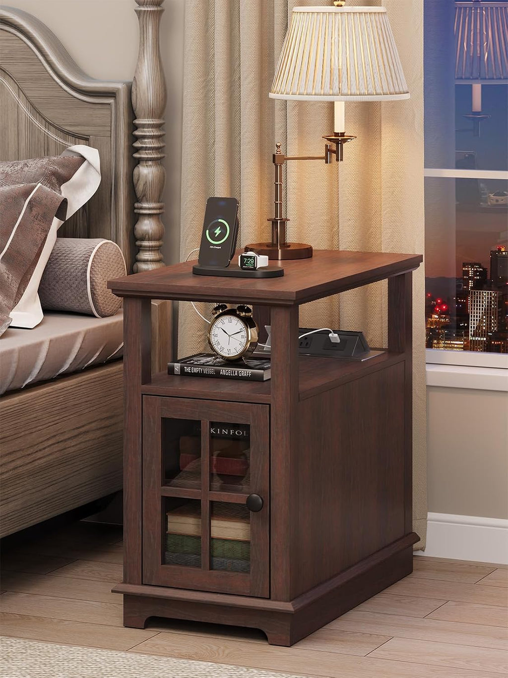 HIFYOBRO Narrow End Table with Charging Station, Flip Top Design, Type-C & USB Ports & Outlets, Adjustable Shelf for Storage in Living Room, Bedroom, Home Office