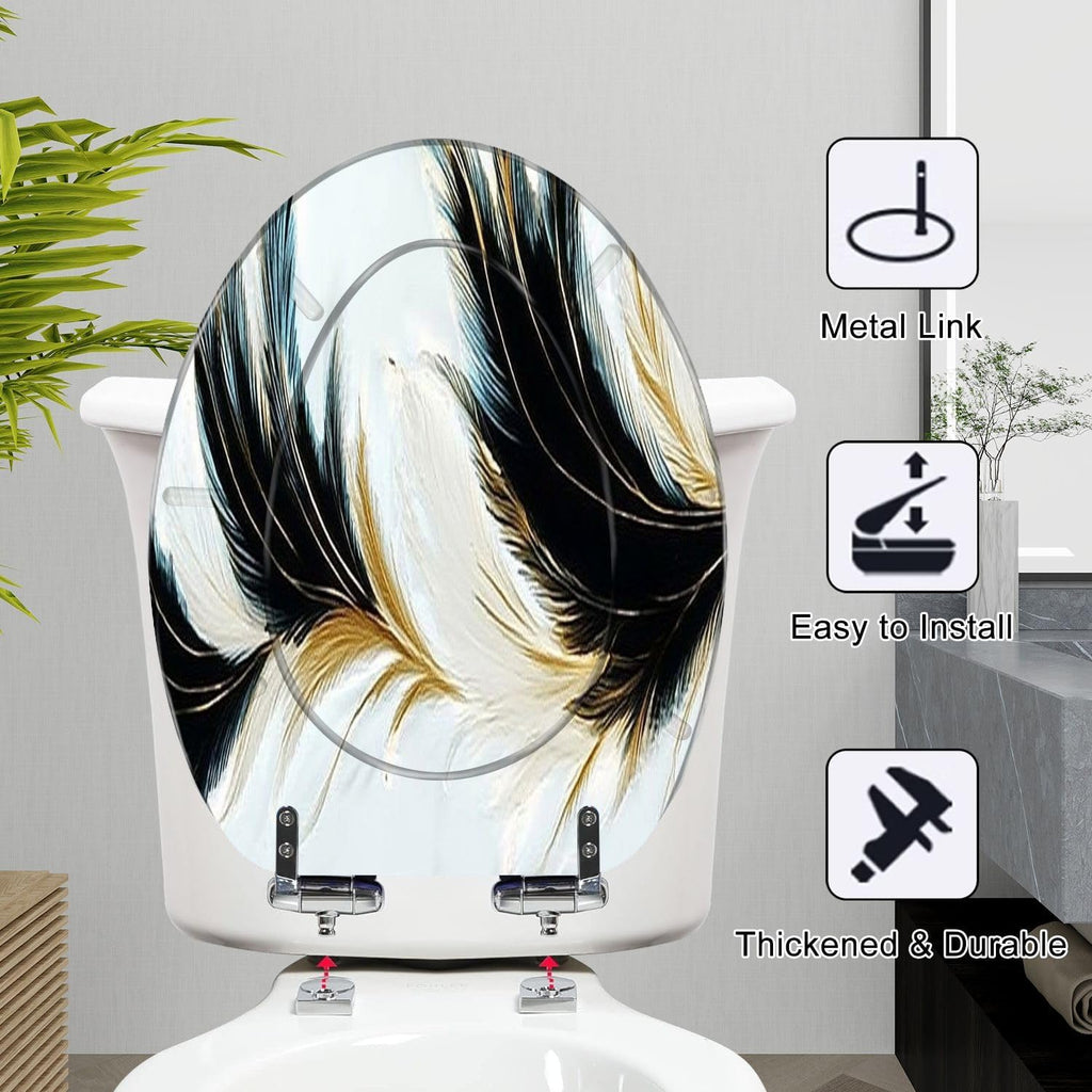 Elongated Toilet Seat luxury black white golden feathers Resin Toilet Seat Slow Quiet Close Lid with Quick-Release Hinges Cover Bumpers Easy to Clean Install