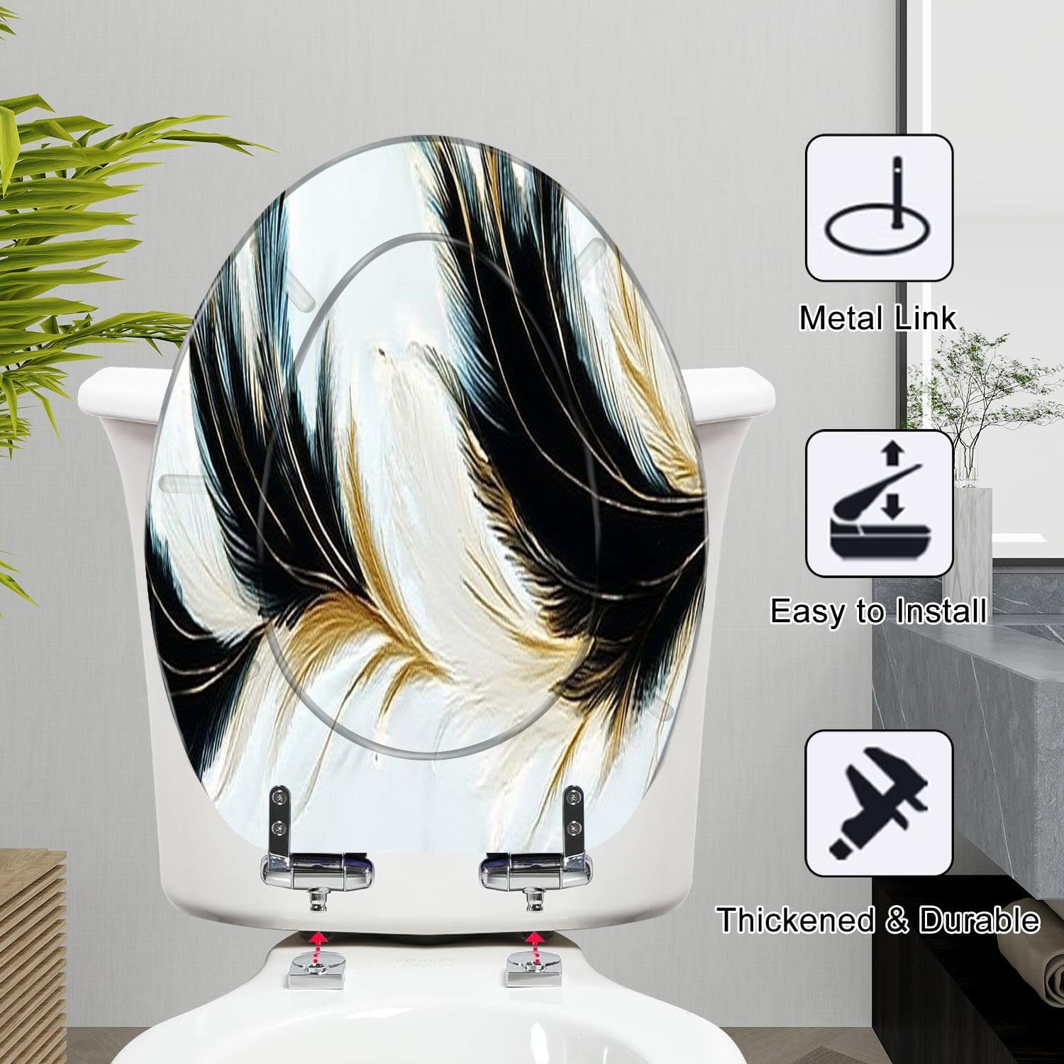 Elongated Toilet Seat luxury black white golden feathers Resin Toilet Seat Slow Quiet Close Lid with Quick-Release Hinges Cover Bumpers Easy to Clean Install