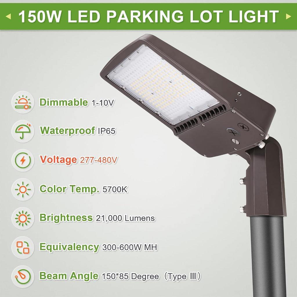 480V 150W LED Parking Lot Light, 500W MH Equiv. 21000LM LED Shoebox Pole Lights 5000K Daylight, Slip Fitter Mount Commercial Area Lights for Street, Parking Lot, 277-480V AC UL Listed