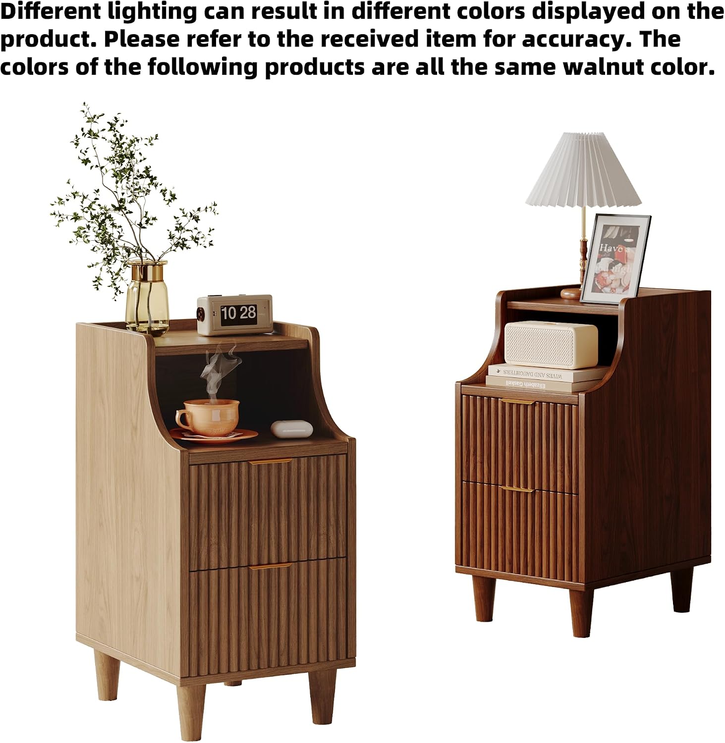 Narrow Nightstand Set of 2,11.8' Fluted Bedside Table Set of 2, Slim Side End Table with 2 Drawers, Wooden Bedside Table, Mid Century Modern Night Stand for Bedroom Livingroom Sofa Office