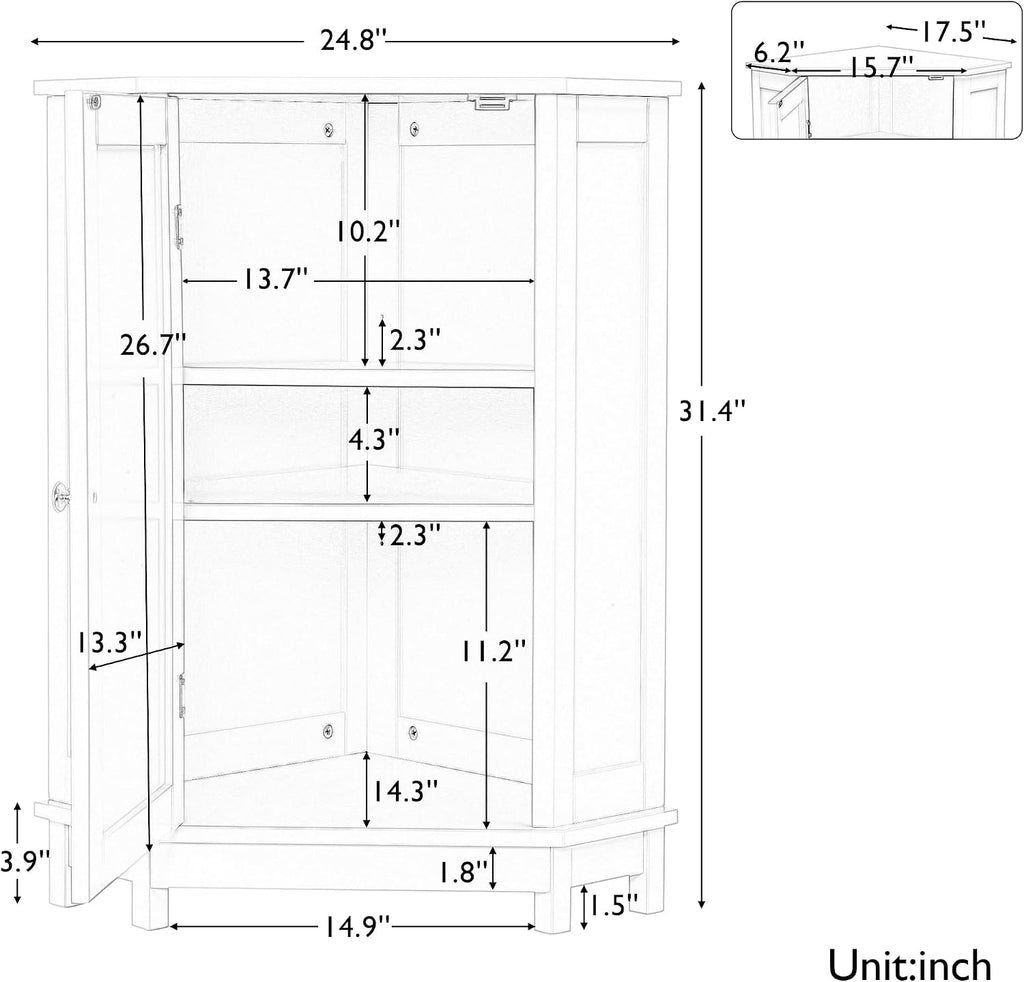 Floor Corner Cabinet with Doors and Adjustable Shelves, Freestanding Bathroom Corner Storage Cabinet for Bathroom, Living Room (1 Door, White)