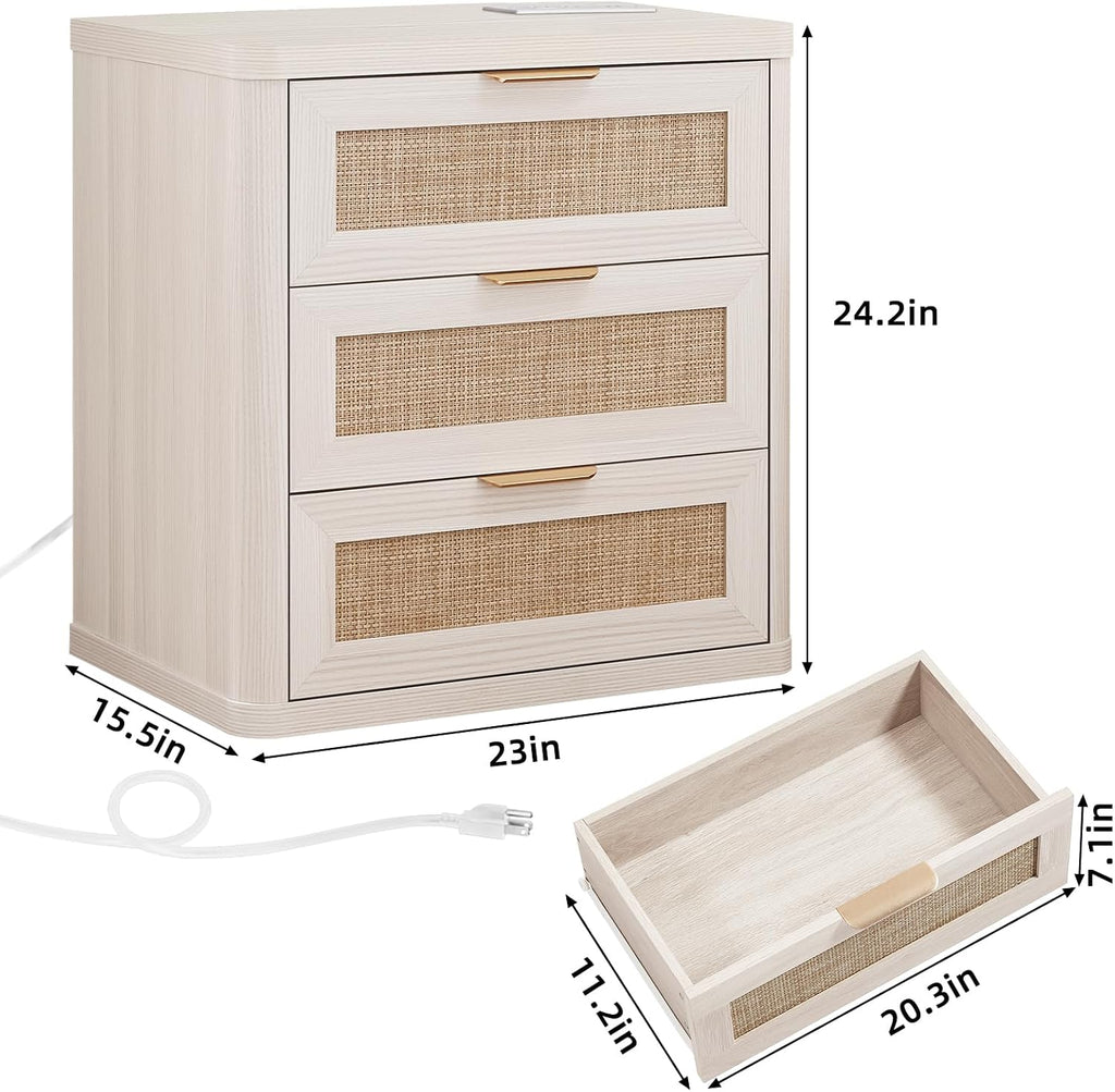 LEYAOYAO Rattan Night Stand Set of 2 with Charger Station, 23' Large 3 Drawer Boho Nightstand, Grey White Bedside Table Storage Cabinet, Bed Side End Tables for Bedroom, Living Room, Hallway