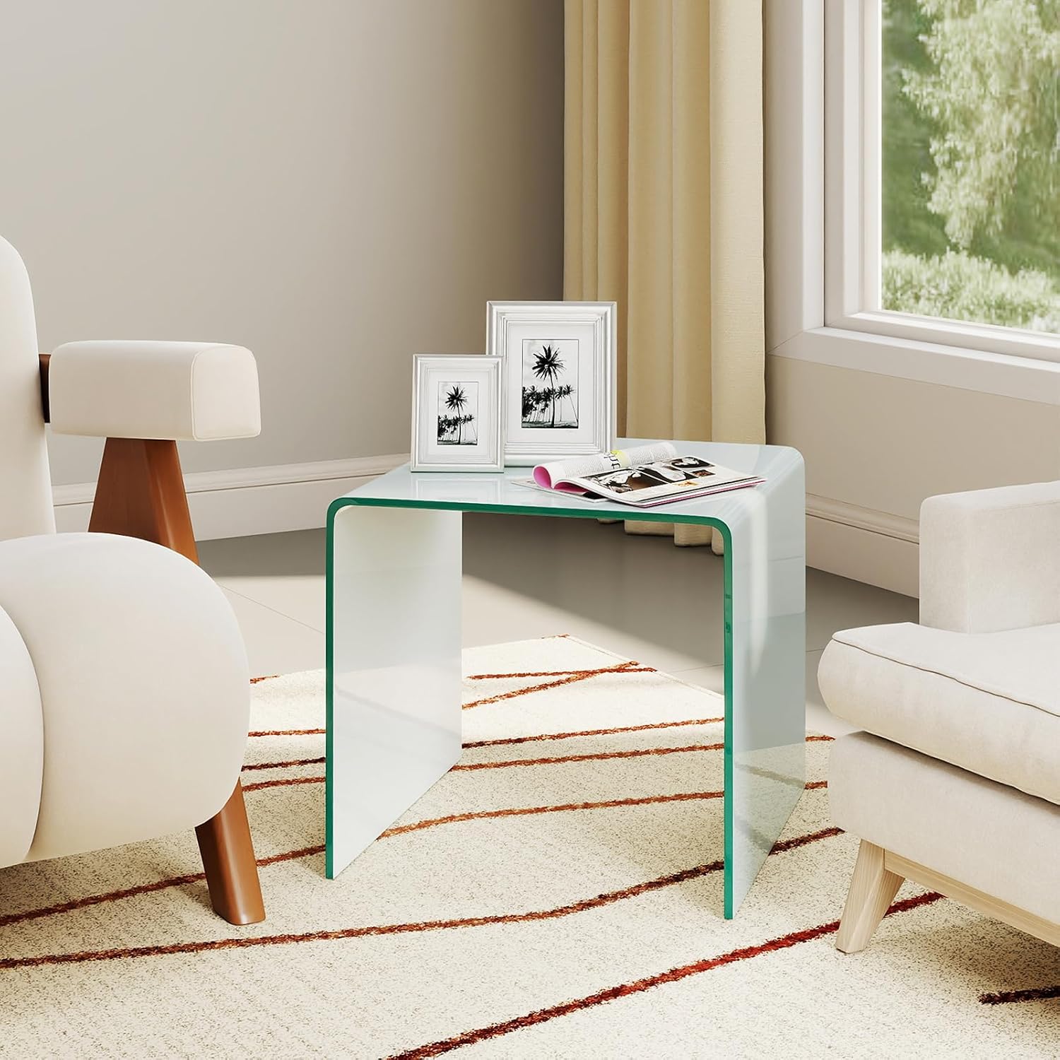 Tangkula Tempered Glass Side Table, Modern C-Shaped Bedside Table Nightstand with Storage Shelf, 4 Lockable Universal Wheels, Rolling Sofa End Table for Living Room Bedroom Office (2, White)