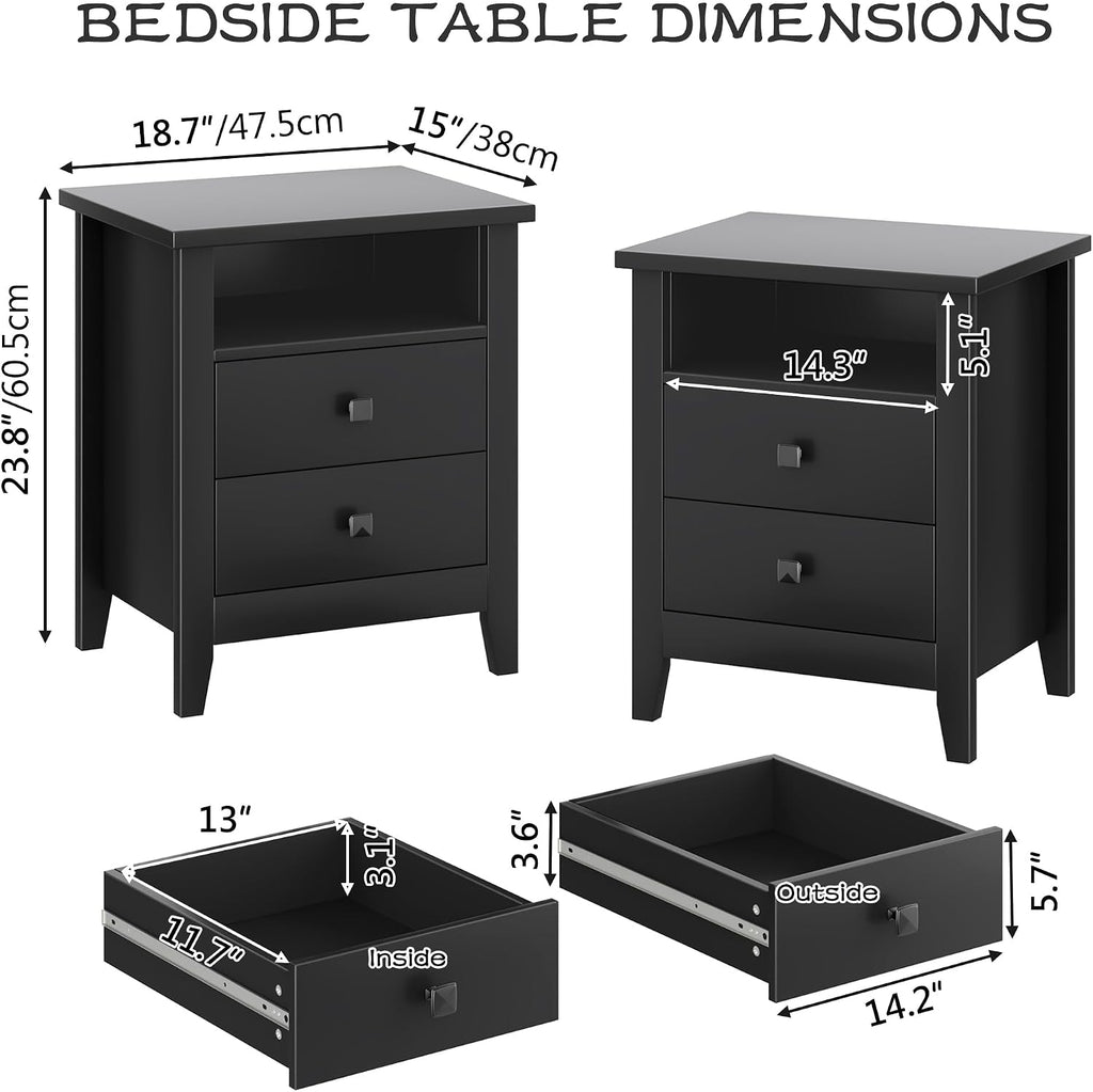JSB Farmhouse Nightstand Set of 2, Night Stand with 2 Drawers,Open Shelf, End Table/Bed Side/Side Table for Bedroom, Kids Room, Living Room (Black, 18.7' W x 15' D x 23.8' H (2 Drawers))