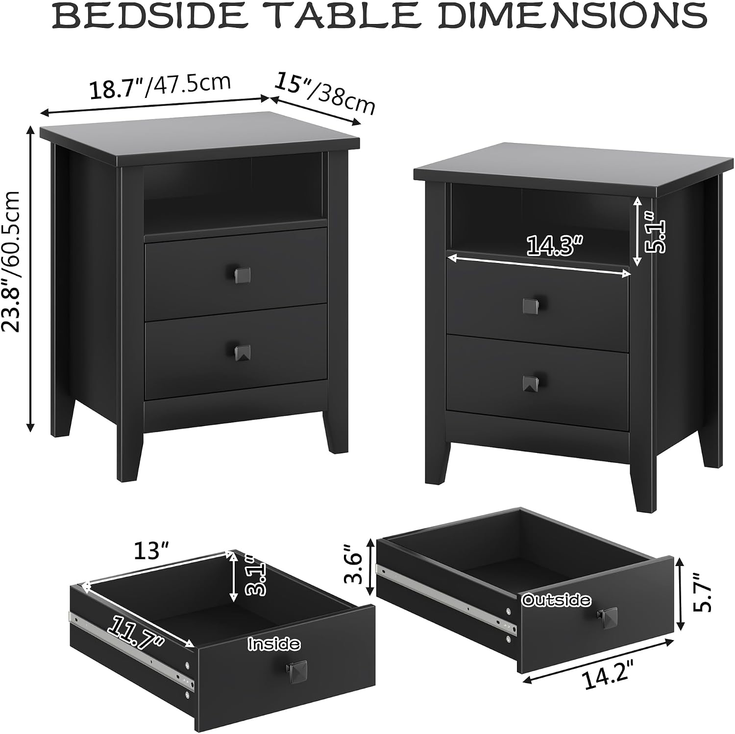 JSB Farmhouse Nightstand Set of 2, Night Stand with 2 Drawers,Open Shelf, End Table/Bed Side/Side Table for Bedroom, Kids Room, Living Room (Black, 18.7' W x 15' D x 23.8' H (2 Drawers))