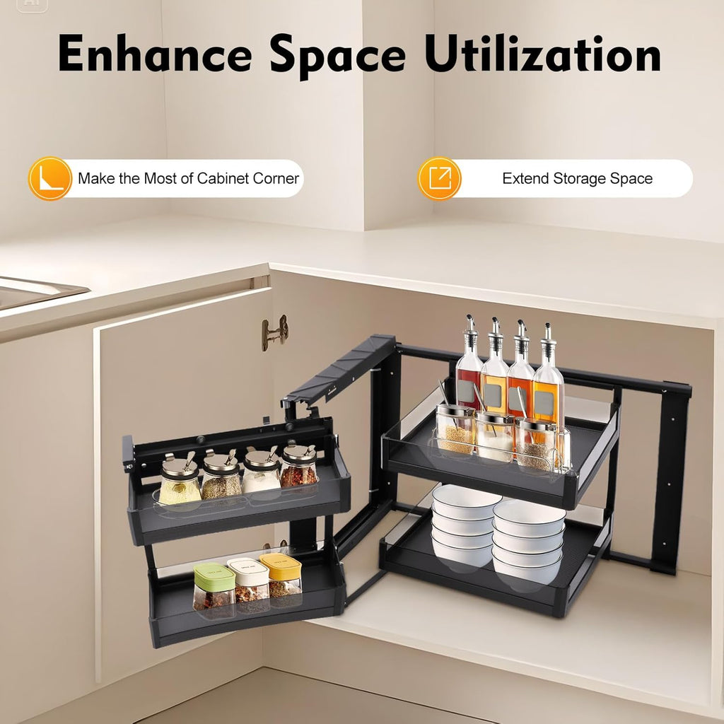 Blind Corner Cabinet 2 Tiers,Pull Out Corner Cabinet with 4 Detachable Shelves Left or Right,Soft Close Kitchen Swing Tray,Height Adjustable,Easy to Install for 14 Inch Opening