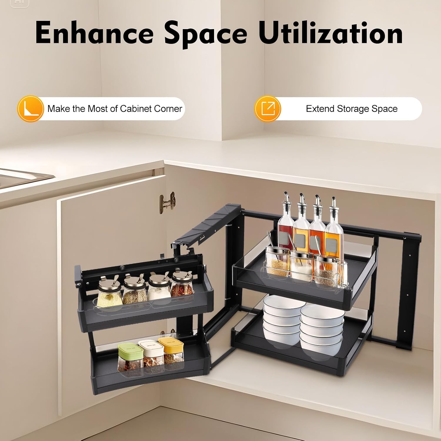 Blind Corner Cabinet Pull Out Right, 15 Inch Blind Corner Cabinet 2 Tiers Organizer Adjustable Design, Hidden Slide Out Shelves for Store Kitchen Utensils (Pull Out Left & Right)