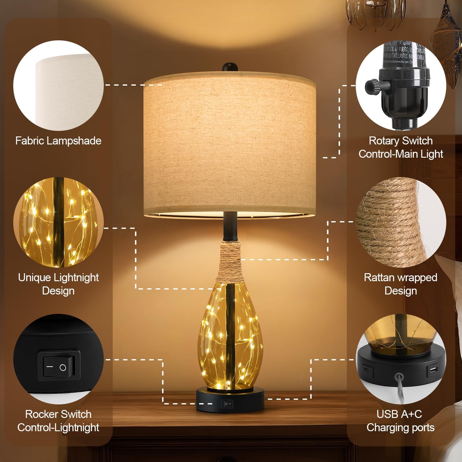 OYEARS 23' Table Lamps for Living Room Set of 2 Bedside Lamps for Night Stands Bedroom Lamps Farmhouse Rattan Boho Lamp Glass Nightlight End Table Lamp,Two Light Points