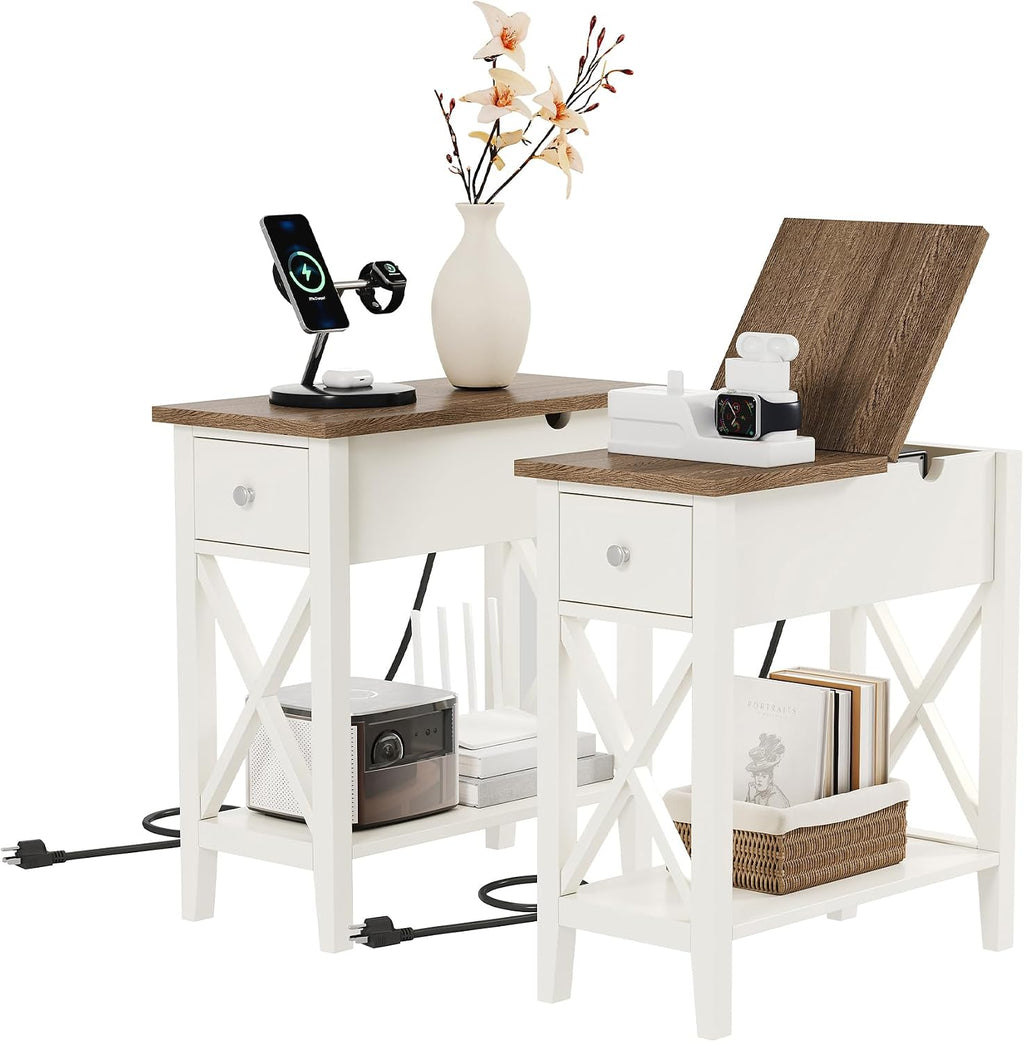 ChooChoo End Table Set of 2 with Charging Station, Narrow End Table with USB Ports and Outlets, Small Side Table Nightstand with Drawer for Living Room, Bedroom, Soft White