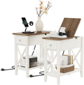ChooChoo End Table Set of 2 with Charging Station, Narrow End Table with USB Ports and Outlets, Small Side Table Nightstand with Drawer for Living Room, Bedroom, Soft White