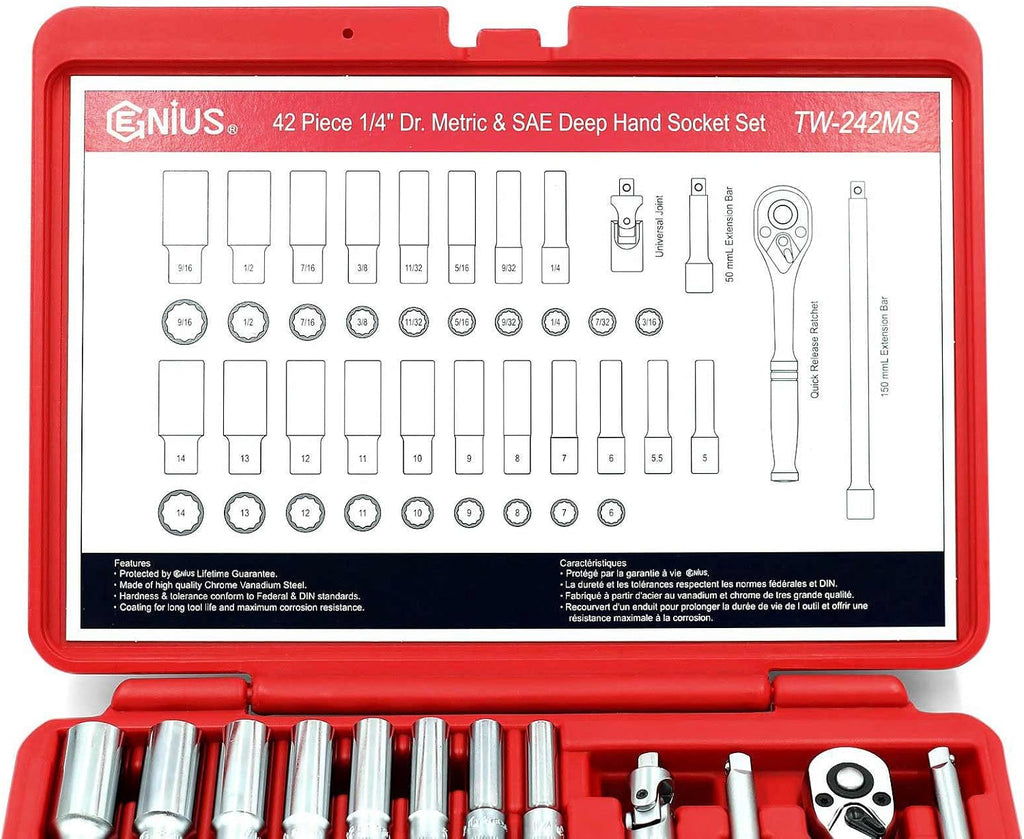 Genius Tools 42PC 1/4' Dr. Metric & SAE Deep Hand Socket Set (12-Point) - TW-242MS
