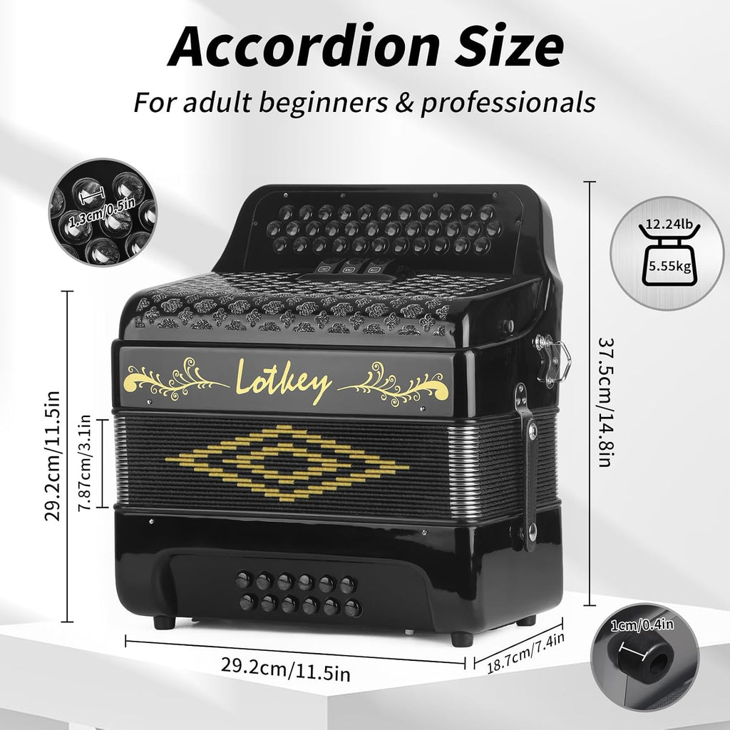 Lotkey 34 Key Diatonic Accordion, 3412 Multi Tone Celluloid Accordions Louder Clearer Timbre than Plastic for Adult, Beginner, Professional with Updated Bag, Straps, Acordeón Wrist Guard (FBE Black)