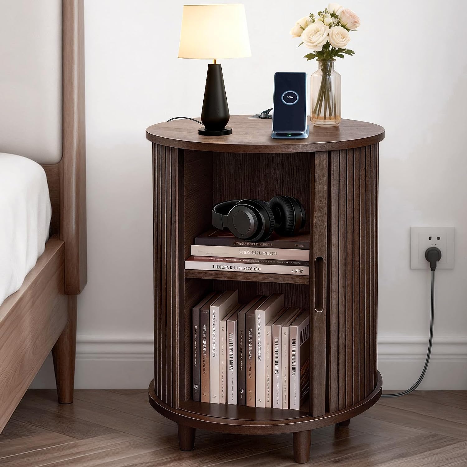 DHH End Table Set of 2 with Storage & Charging Station, Fluted Accent Side Table with Sliding Door & Adjustable Shelf, Mid-Century Nightstand for Small Spaces, Living Room, Bedroom(2, Dark Walnut)