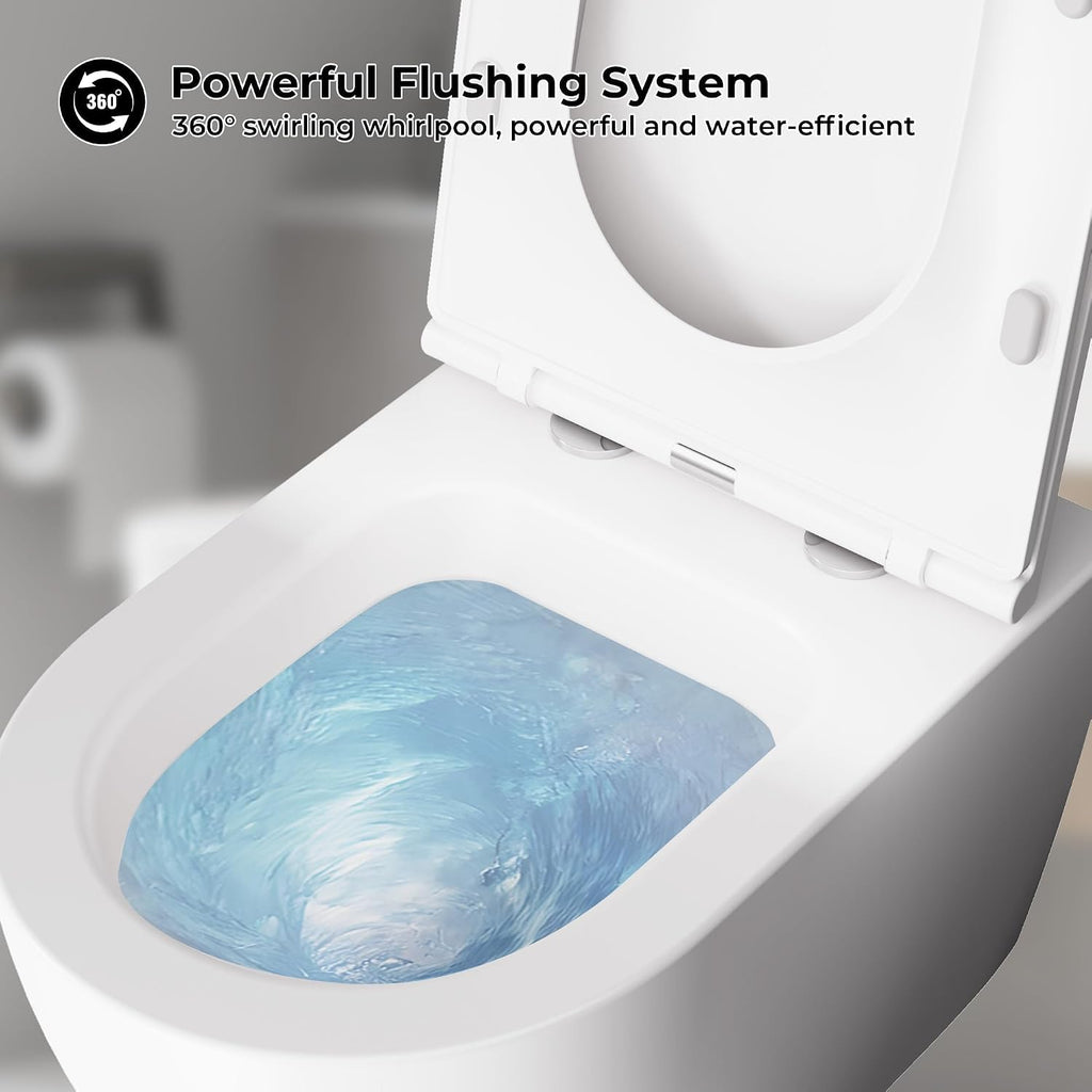 Wall Mounted Toilet with Slim Lift Soft Close Seat, Compact Space Saving Design for Modern Bathrooms and Guest Restrooms