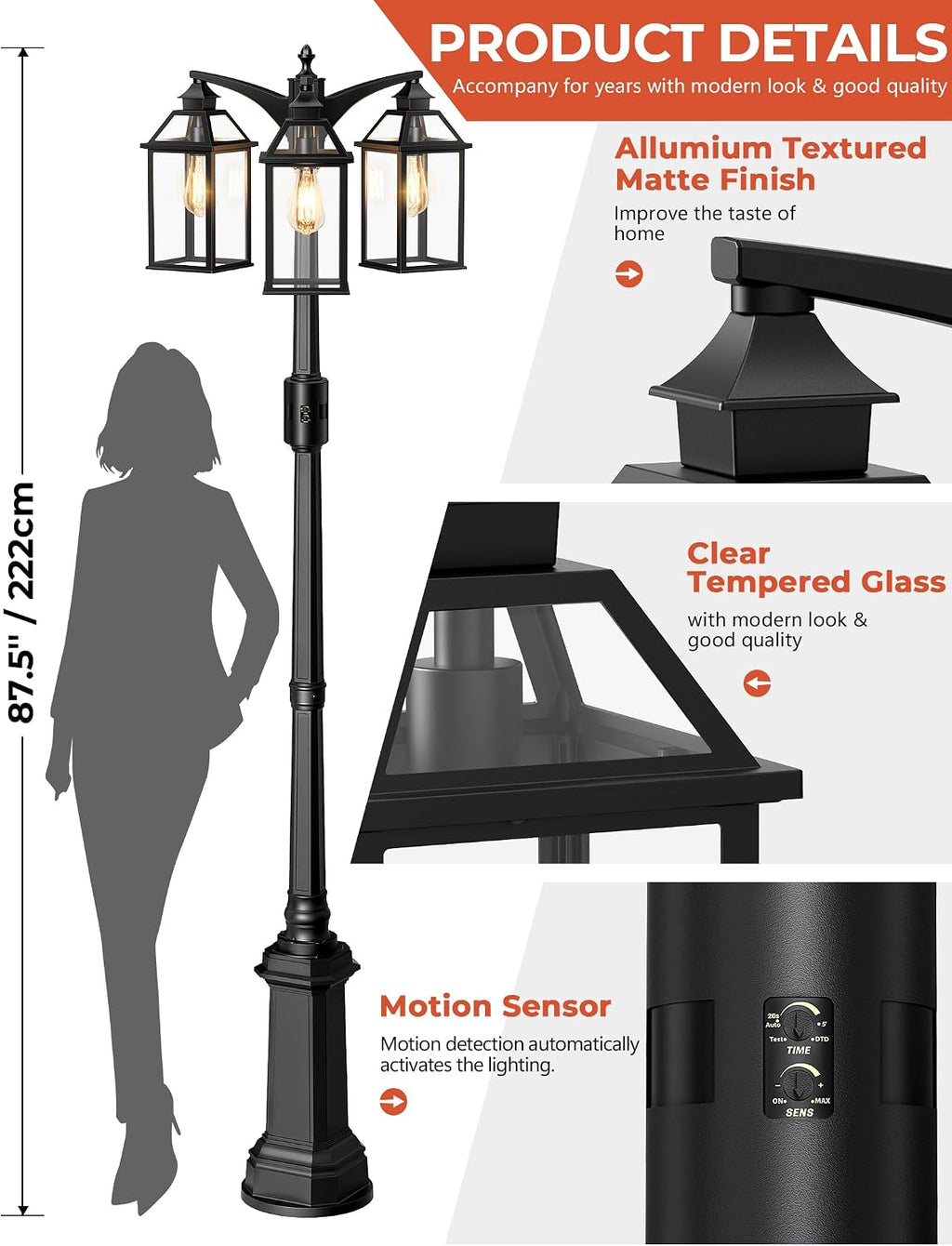 Outdoor Lamp Post Motion Sensor, Dusk to Dawn Pole Lights 3-Head, Classic Black 360°Detection Waterproof Anti-Rust Aluminum Street Lighting for Yard Backyard Patio Driveway