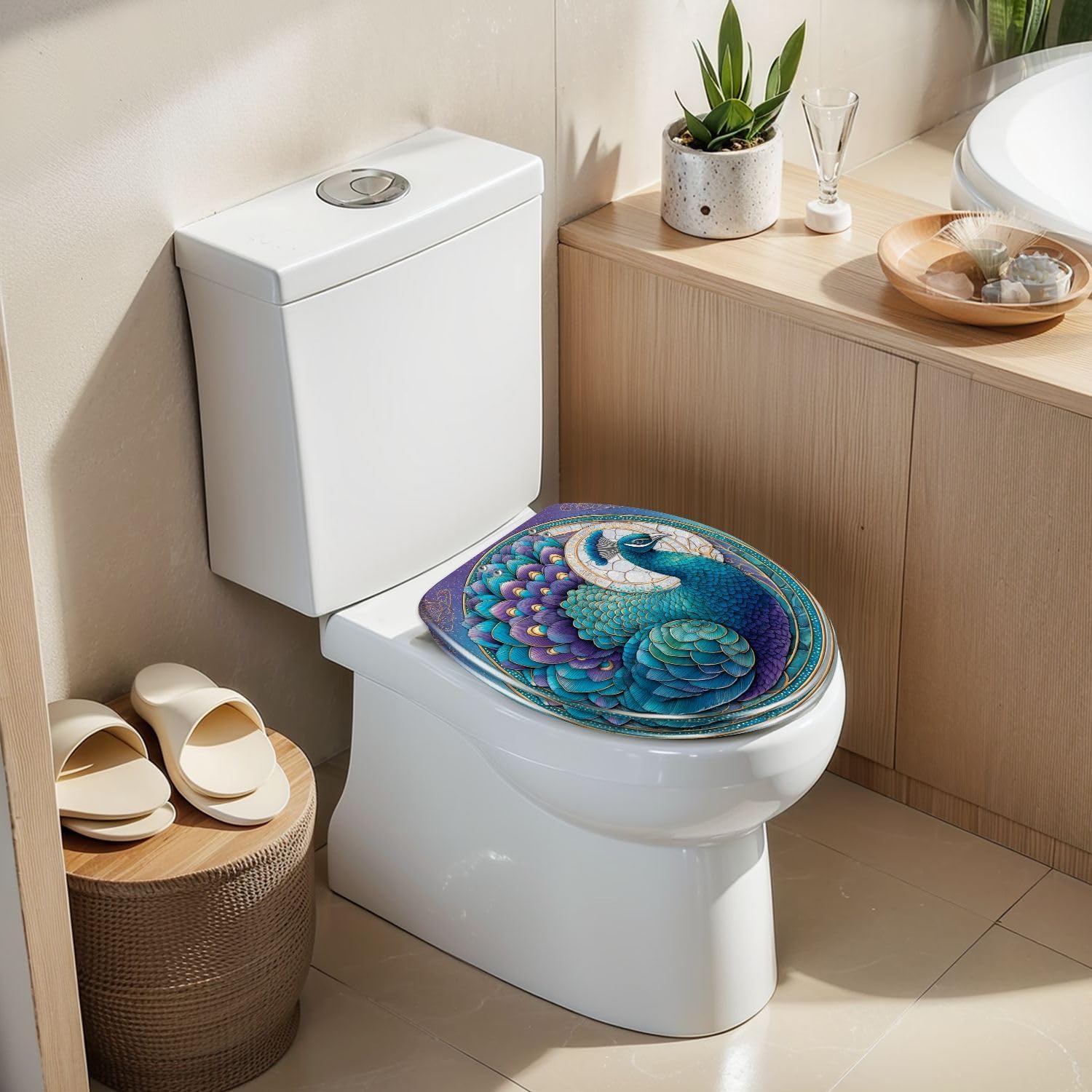 Elongated Toilet Seat Intricate Stained Glass Window Emerald Teal Design Resin Toilet Seat Slow Quiet Close Lid with Quick-Release Hinges Cover Bumpers Easy to Clean Install