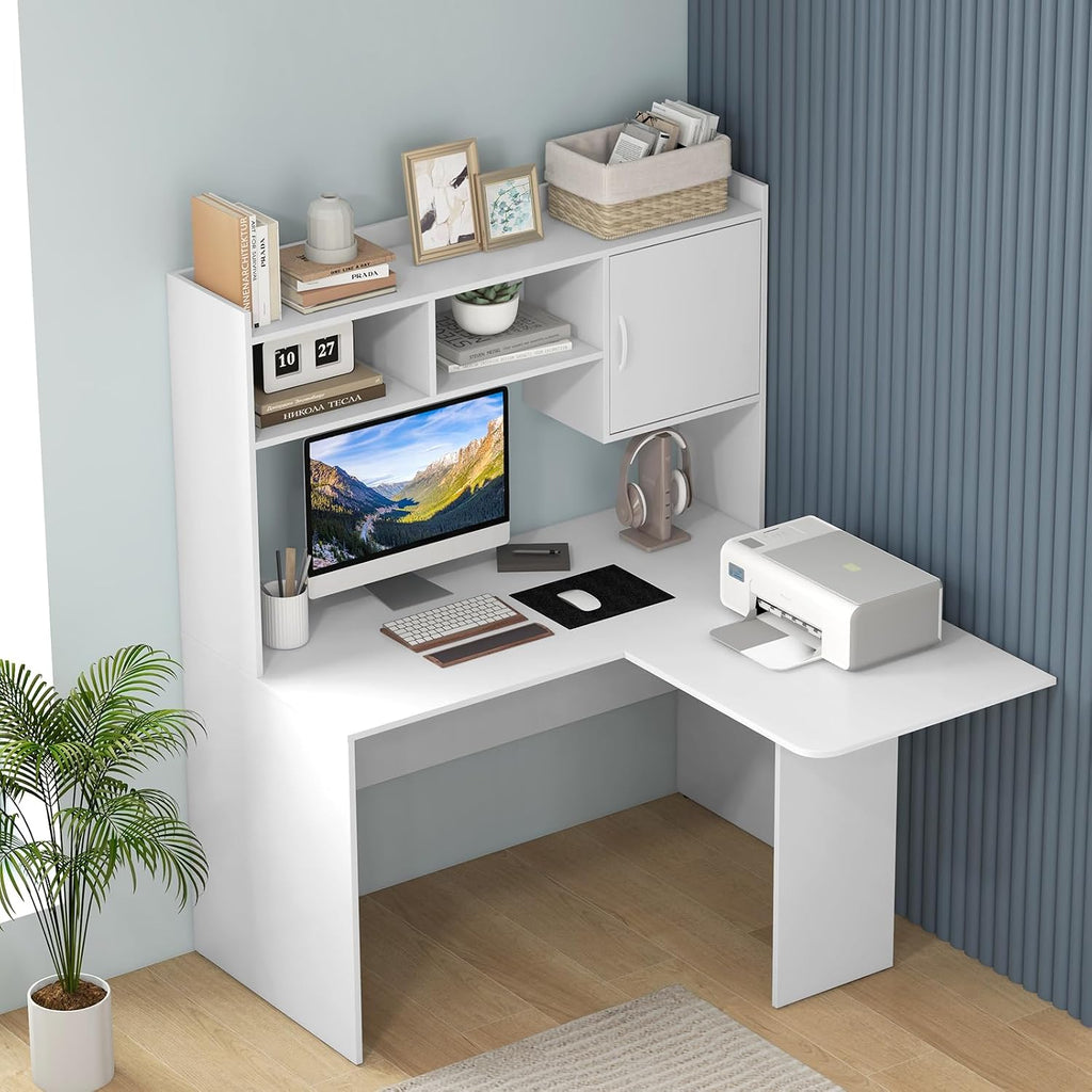 GOFLAME L-Shaped Desk with Open Storage Hutch, Corner Computer Desk with Shelves & Cabinet, Modern Writing Study Desk for Home Office, Laptop PC Desk Gaming Desk, White