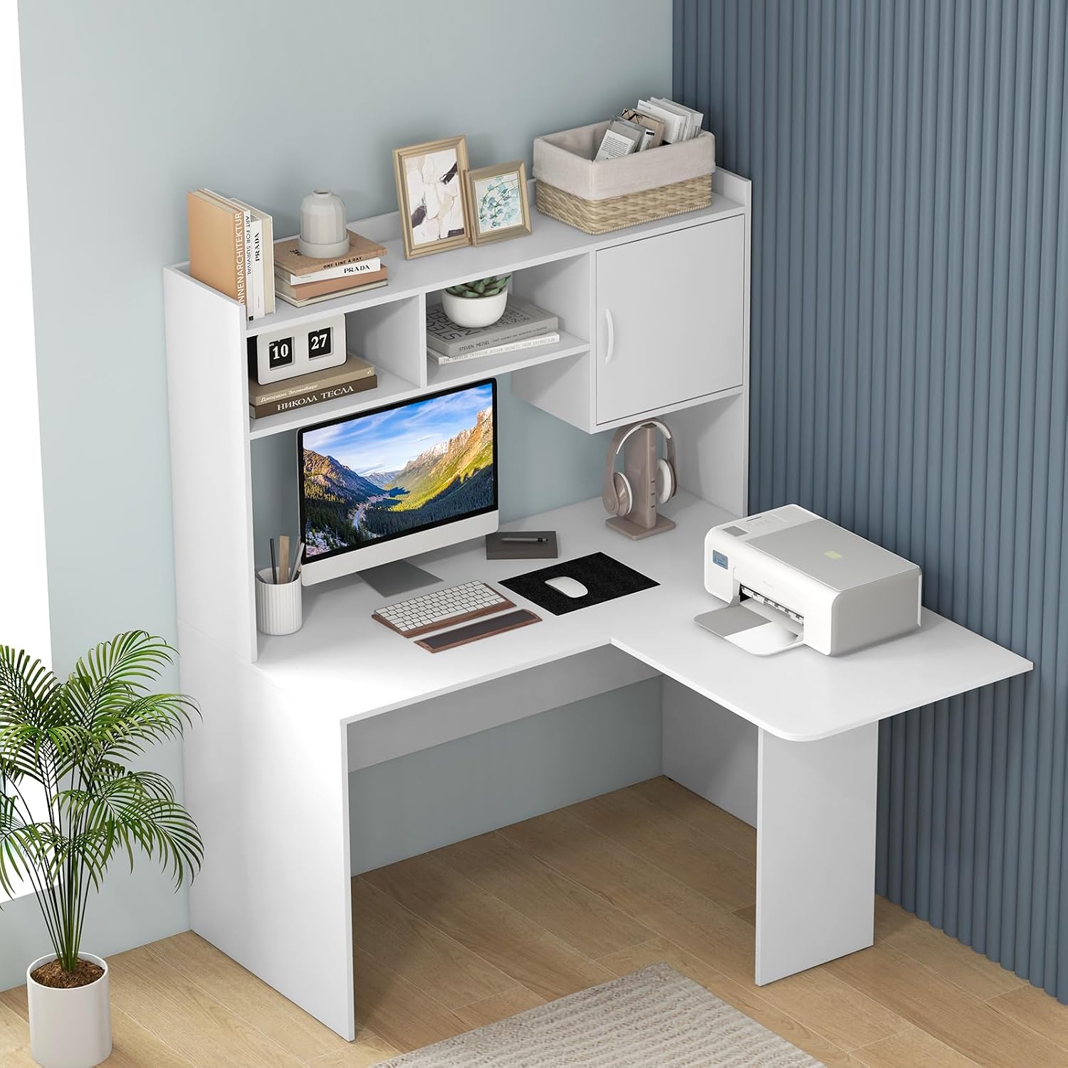 GOFLAME L-Shaped Desk with Open Storage Hutch, Corner Computer Desk with Shelves & Cabinet, Modern Writing Study Desk for Home Office, Laptop PC Desk Gaming Desk, White