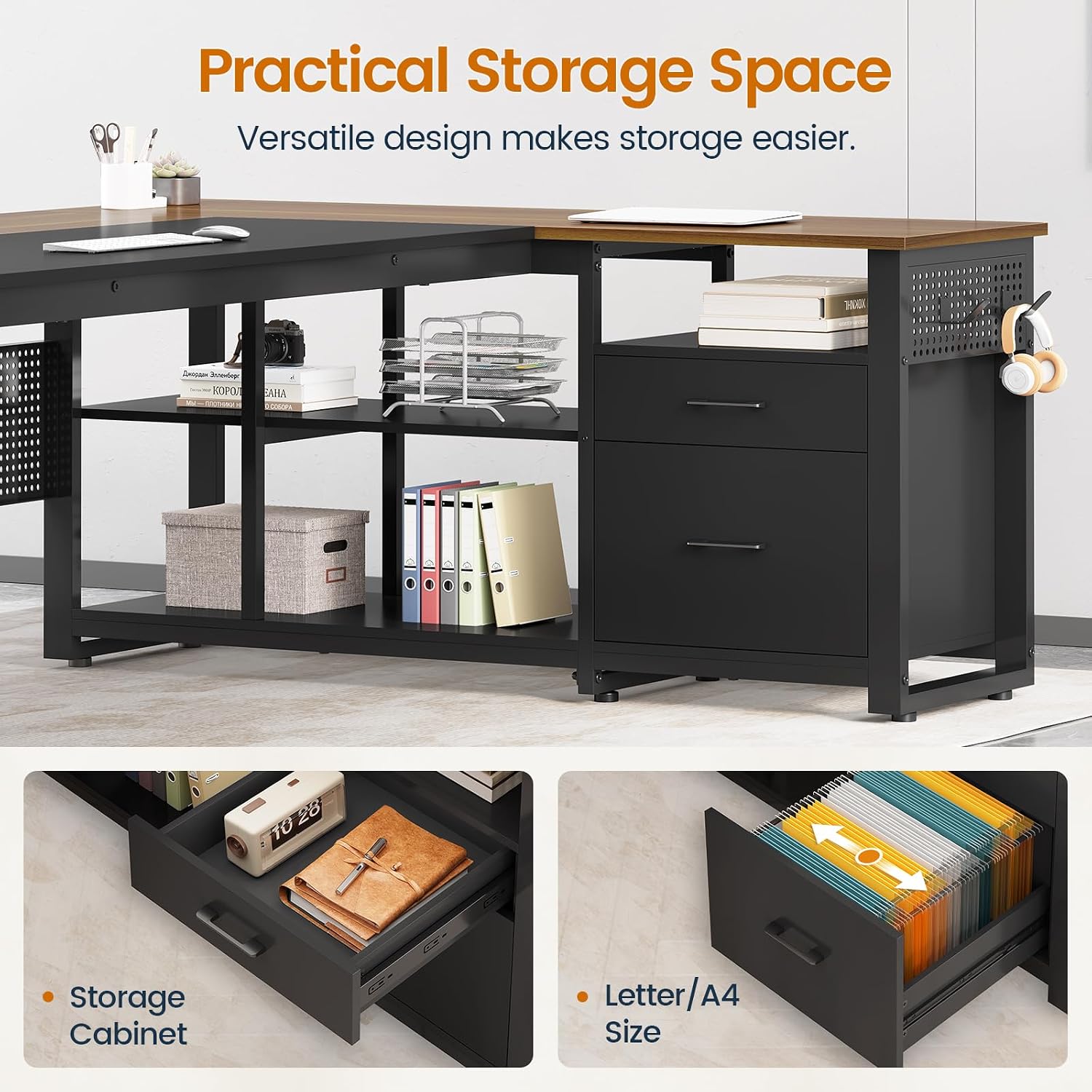 UPOSOJA 71 in Executive Desk with Power Outlets, Reversible L Shaped Computer Desk with File Drawers & Storage Shelves, Large Office Desk with Pegboard, Mobile CPU Stand, Modern Corner Desk (Walnut)