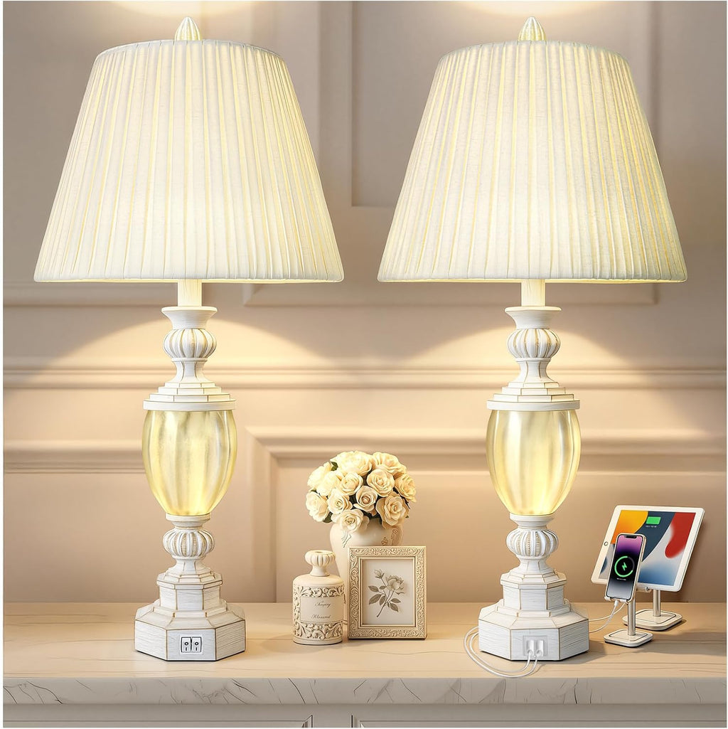27' Rustic End Table Lamp Set of 2 with Night Light for Bedroom Living Room USB Charging Pots Farmhouse Bedside Lamp with Pleated Shade Boho Nightstand Lamps for Room Office Hotel Dorm(Bulb Included)