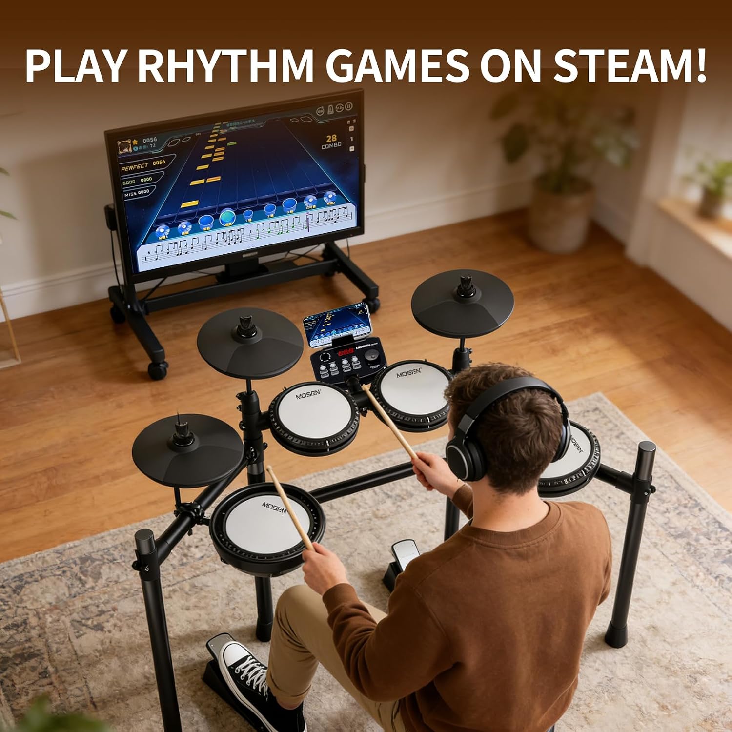 MOSEN Electric Drum Set, Quiet Mesh Drum Pads, Dual-Zone Snare, 195+ Sounds, Phone Holder, Sticks, Headphones, USB MIDI, 2 Pedals, 25 Electronic Drums Kit for Beginner, MED-X3S