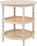 Creative Co-Op Round Solid Wood End Table with 2 Woven Cane Shelves, Distressed White