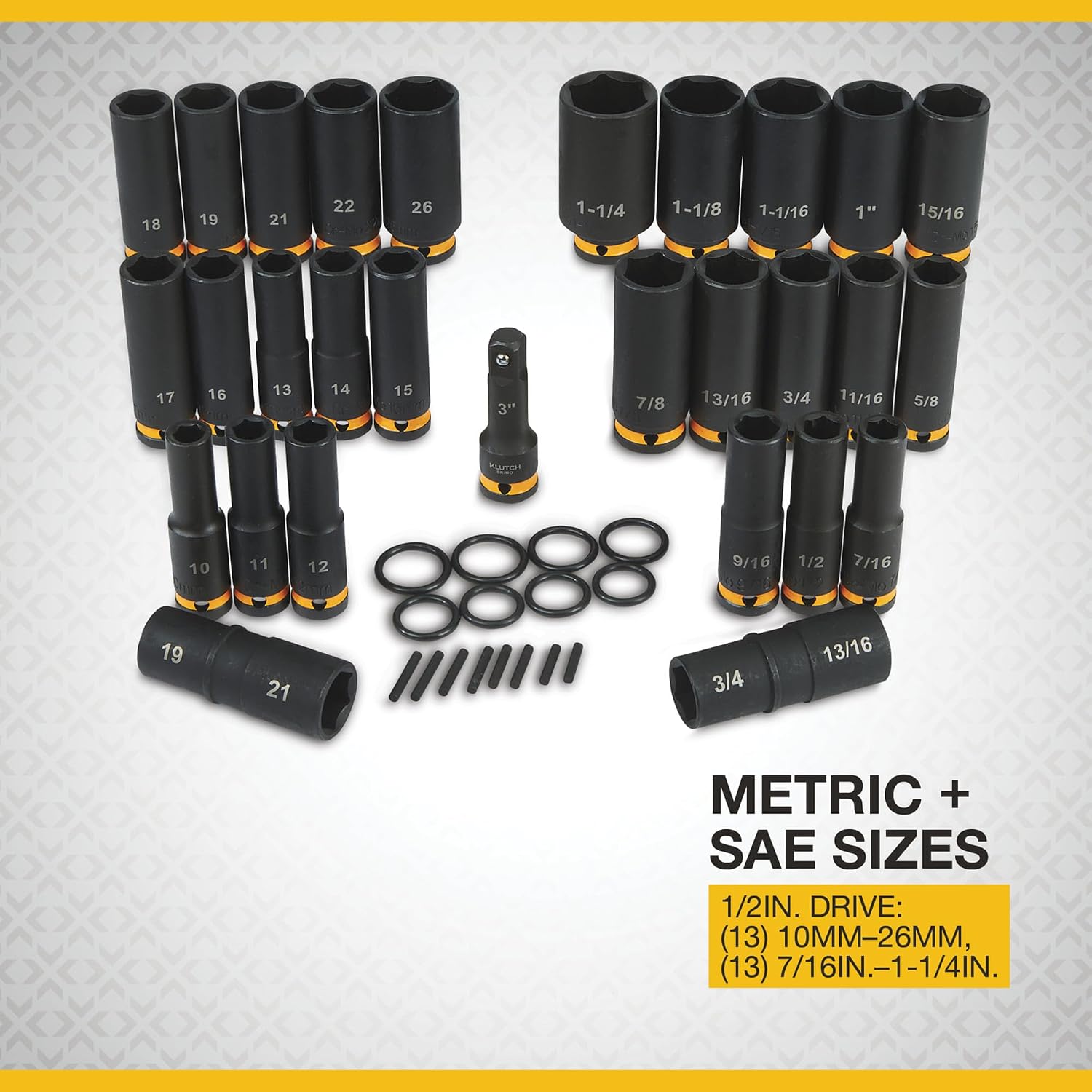 Klutch 1/2in.-Drive Deep Impact Socket Set, SAE + Metric, Chrome Molybdenum, 29-Pc.