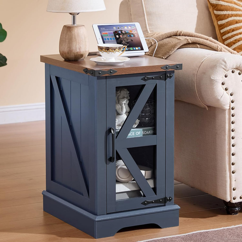 Joaxswe End Tables Living Room Set 3 with Charger Station, Farmhouse 18'' Narrow Night Stand and 24' Square Side Table with Glass Barn Door Storage, Wood Nightstand Bedside Tables for Bedroom Office