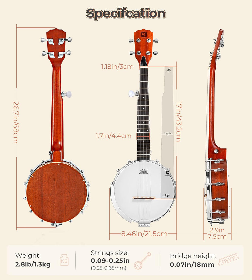 Vangoa 5 String Banjo 26 Inch, MINI Travel Banjo Beginner Kit with Remo Head, Open Back & Closed Solid Back with beginner Kit, Comfortable Carrying Bag