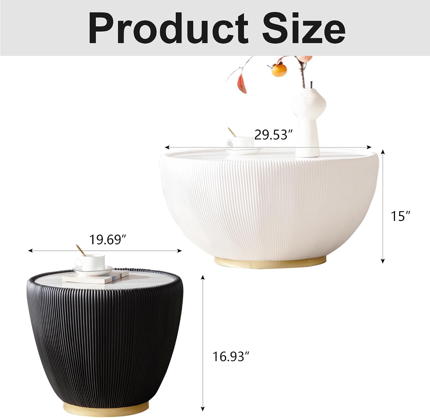 Modern Round Coffee Table Set of 2 Luxury Sintered Stone Top Coffee End Table in White/Black Leatherette Creative Bowl-Shape Small Coffee Side End Tables for Living Room Bedroom