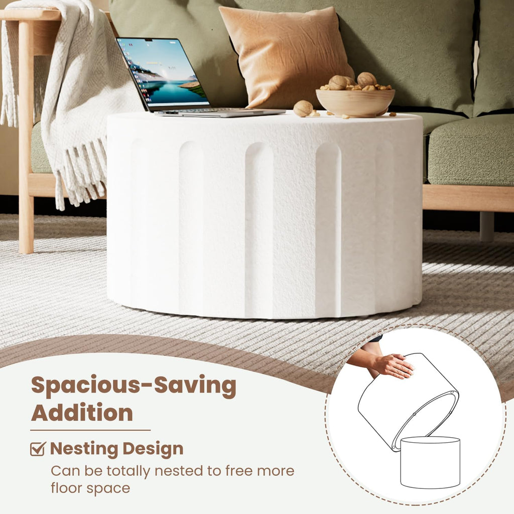 Fluted Round Nesting Coffee Table Set of 2, Modern Unique Circle Coffee Table, Drum Side Tea Table, Space-Saving for Living Room, Bedroom, Balcony, Office, No Assembly (26.77'+19.69' White B)