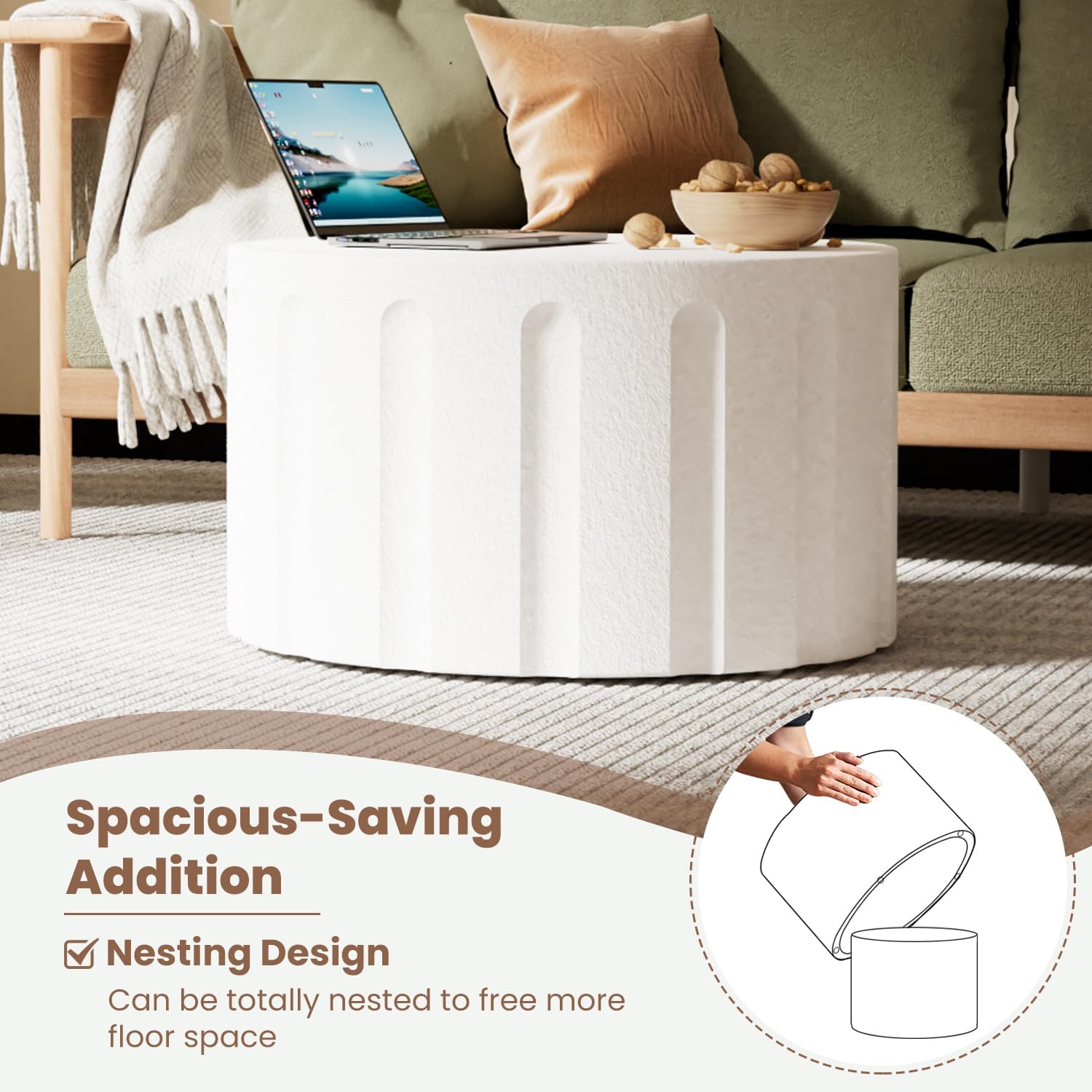 Fluted Round Nesting Coffee Table Set of 2, Modern Unique Circle Coffee Table, Drum Side Tea Table, Space-Saving for Living Room, Bedroom, Balcony, Office, No Assembly (26.77'+19.69' White B)