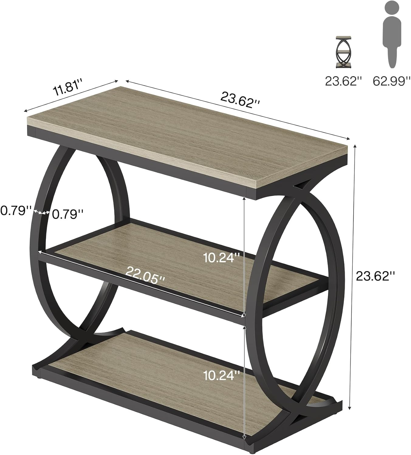 Tribesigns End Table Set of 2, Narrow 3-Tier End Table for Living Room, Industrial Wooden Side Table with Metal Frame, Small Bedside Nightstand for Bedroom, Small Spaces, Grey