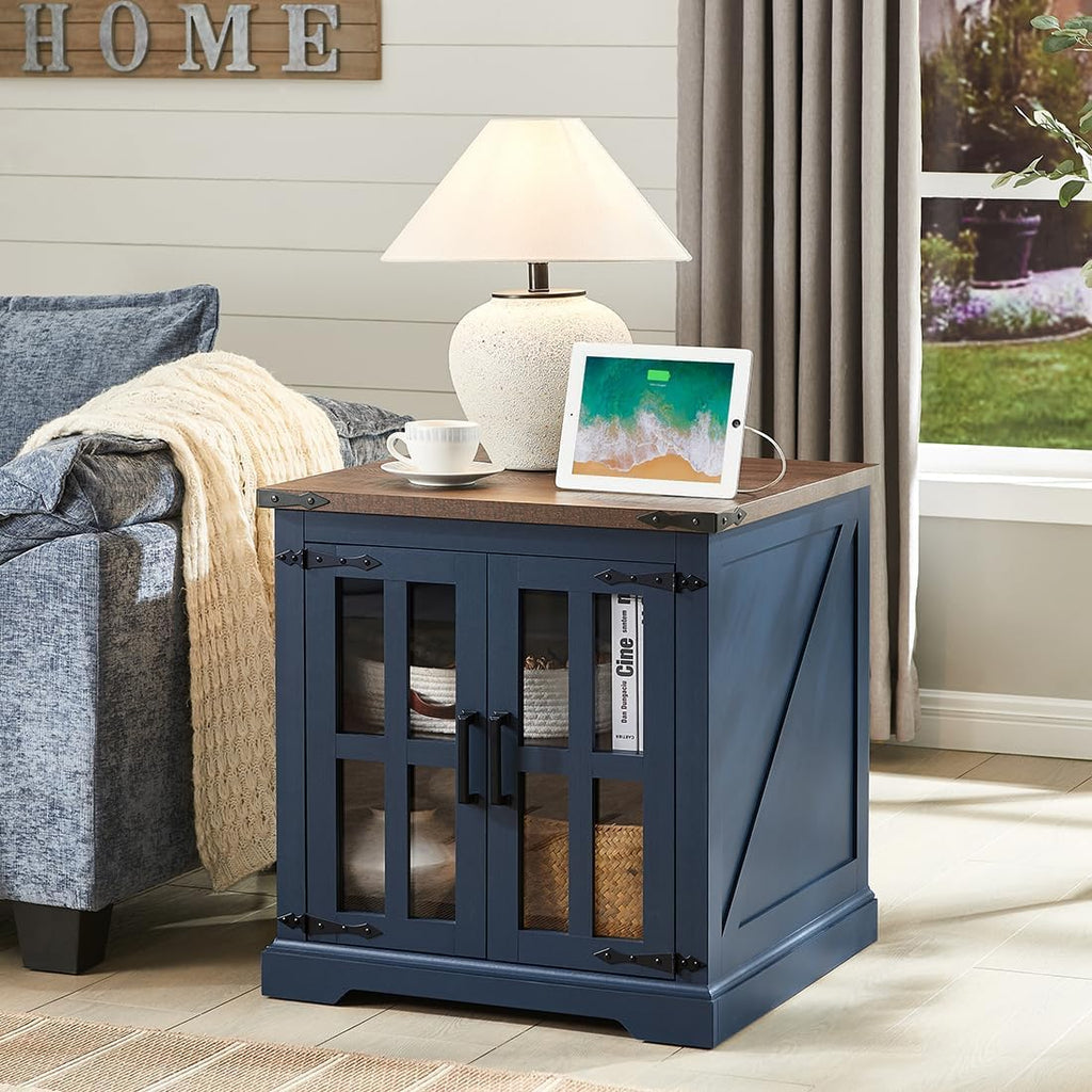 Barnyatoh Farmhouse End Table with Charging Station,24' Large Side Table with Glass Barn Door, Rustic Wood Nightstand Bedside Table with Adjustable Storage Shelf for Living Room, Bedroom, Navy Blue
