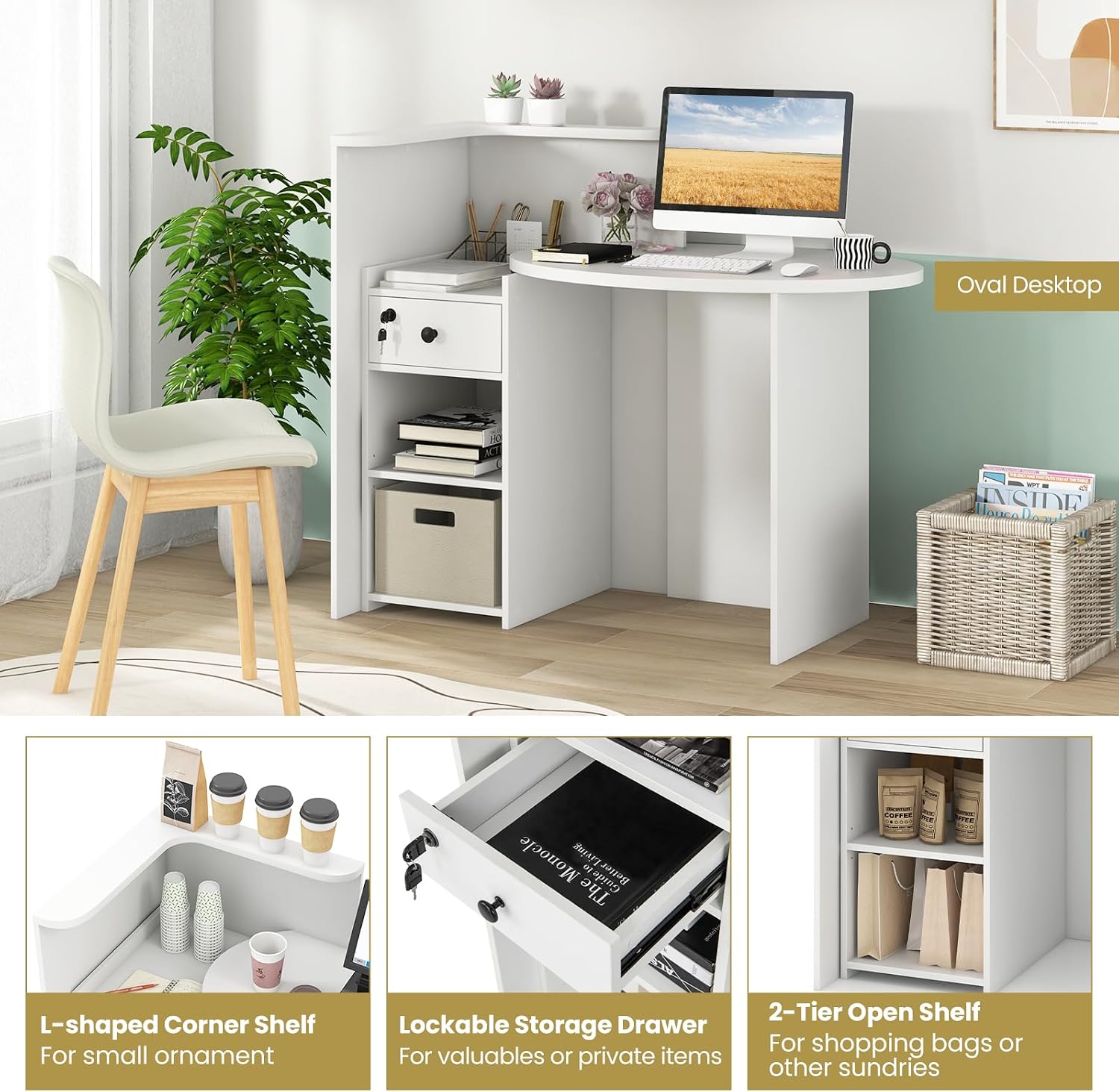Giantex Reception Desk, Front Counter Desk with Lockable Drawer, Checkout Table with Round Tabletop, Corner Shelf & Adjustable Shelf for Office Beauty Salon Retail Store (White)