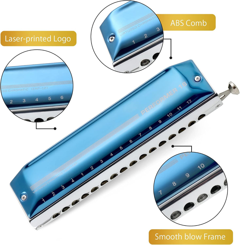 East top Chromatic Harmonica 16 Hole 64 Tone Key of C, Professional Advanced Mouth Organ For Adults, Students and Harmonica-Lovers with Blue Cover (EAP-16)
