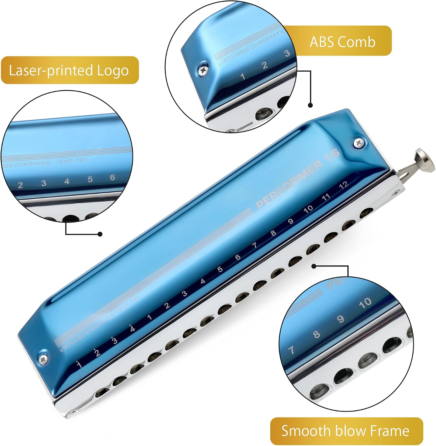 East top Chromatic Harmonica 16 Hole 64 Tone Key of C, Professional Advanced Mouth Organ For Adults, Students and Harmonica-Lovers with Blue Cover (EAP-16)