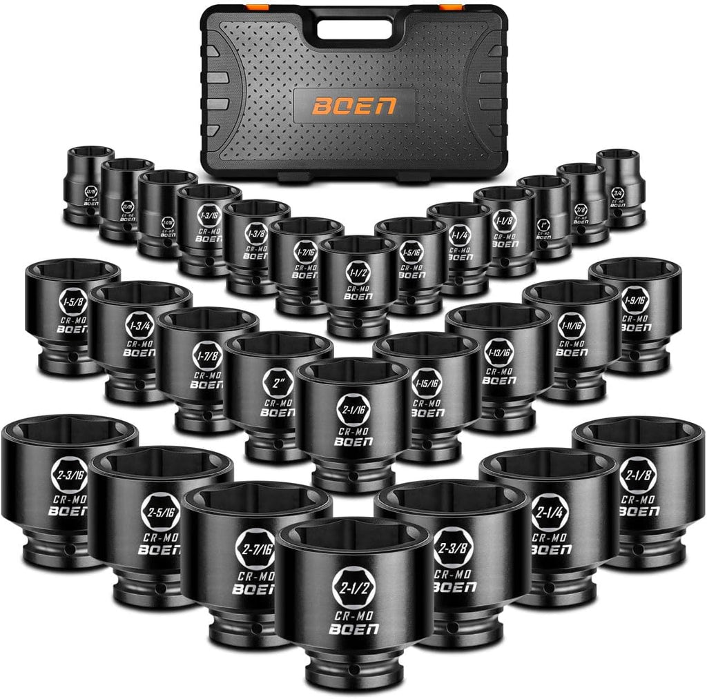 boen 3/4' Drive SAE Impact Socket Set, 3/4 inch - 2-1/2 inch Large Sockets, 6-Point Sockets, Rugged Construction, CR-MO, Standard Socket Set, 29PCS with Storage Case