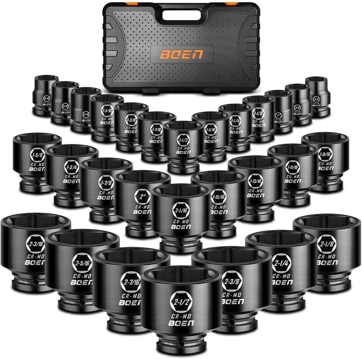boen 3/4' Drive SAE Impact Socket Set, 3/4 inch - 2-1/2 inch Large Sockets, 6-Point Sockets, Rugged Construction, CR-MO, Standard Socket Set, 29PCS with Storage Case