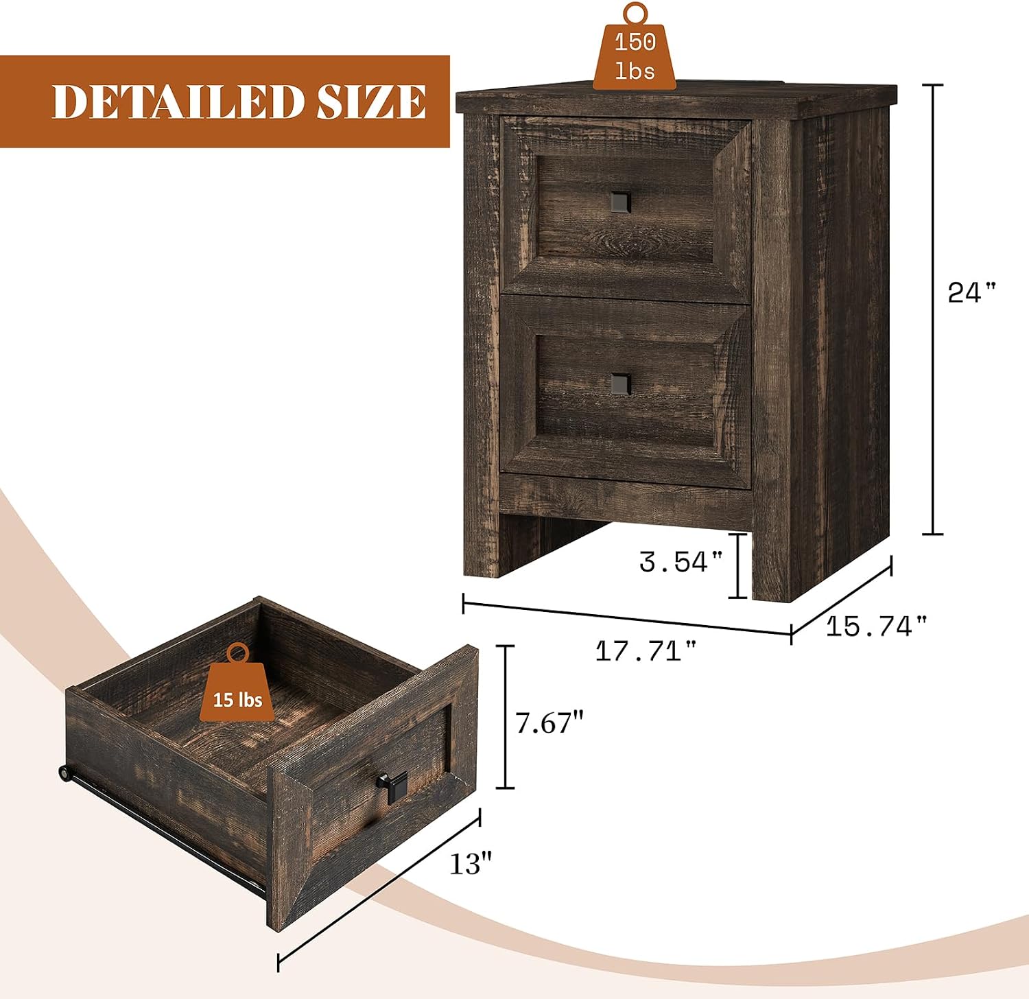 AMERLIFE Nightstand Set of 2 with Charging Station, Rustic Bedside Table with Drawers Storage, Farmhouse Wood Night Stand for Bedroom, Dark Oak