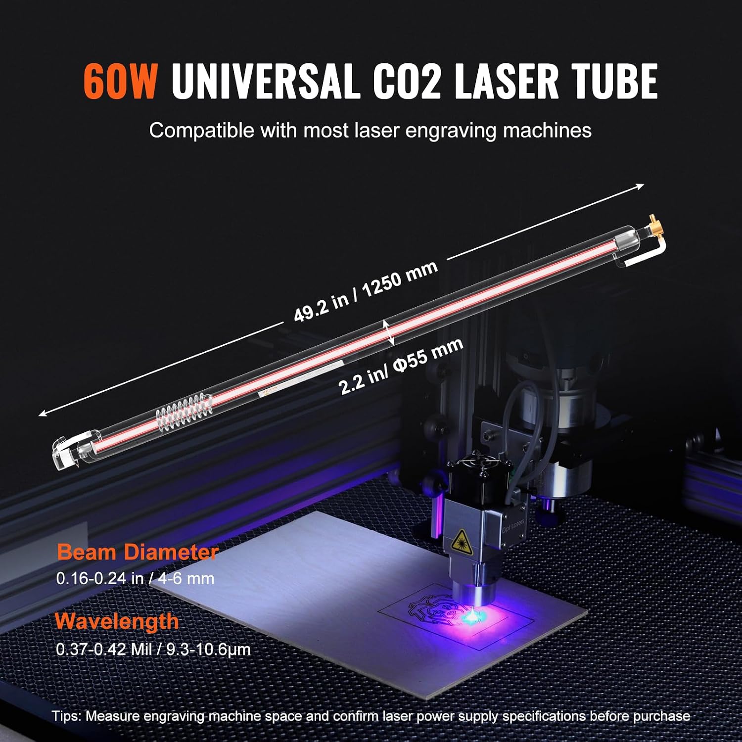 VEVOR 60W CO2 Laser Tube, 49.2 in (1250 mm) Length, 2 in (55 mm) Dia Borosilicate Glass Laser Cutter Tube with Metal Head, 5000-6000hr Wires Preconnected for Laser Engraver Engraving Cutting Machine