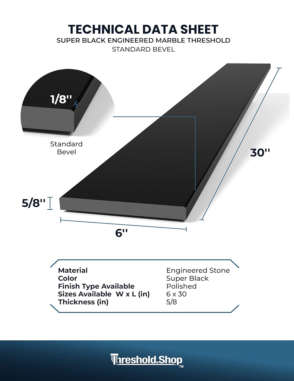 Super Black Engineered Marble Threshold for Shower Curb, Bathroom Vanity Backsplash, Window Sill, Door Transitions (6' x 30')