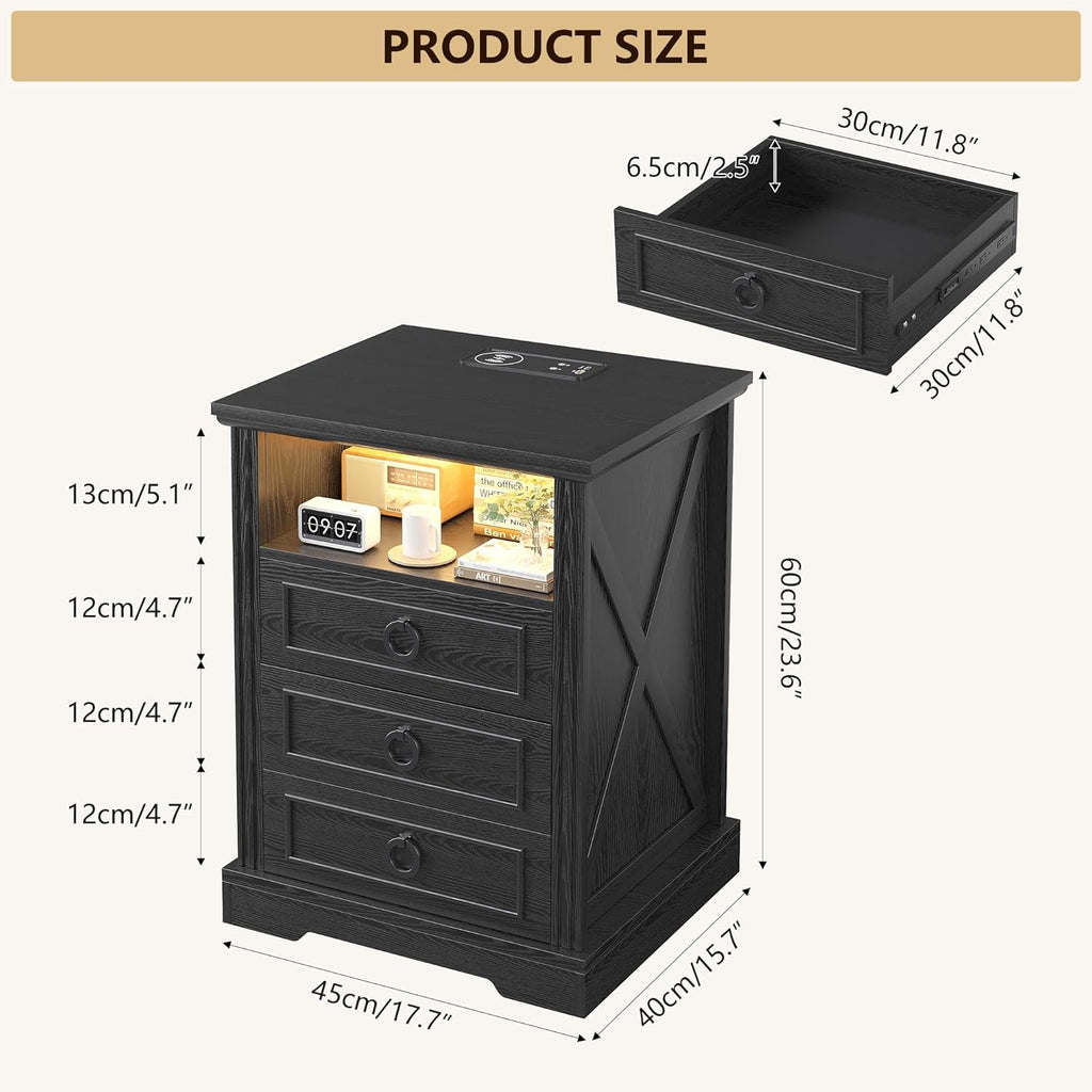 Nightstand Set 2 with Charging Station,Farmhouse End Side Table with 3 Drawers and Open Storage,Smart Bedside Table with LED Light & Human Sensor, Black