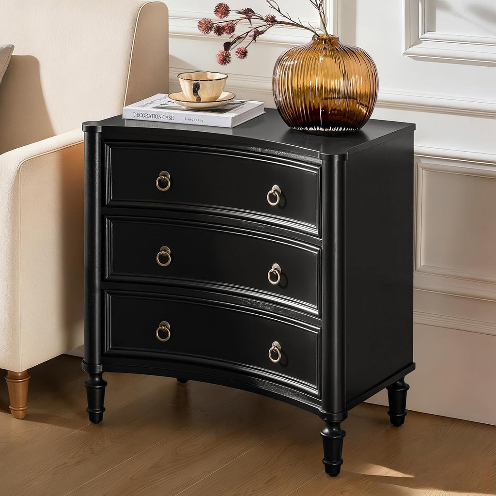 HULALA HOME 3 Drawer End Table with Charging Station, 26' Wide Endtable with Solid Wood Legs and Curved Profile, Classic Side Table for Living Room, Black