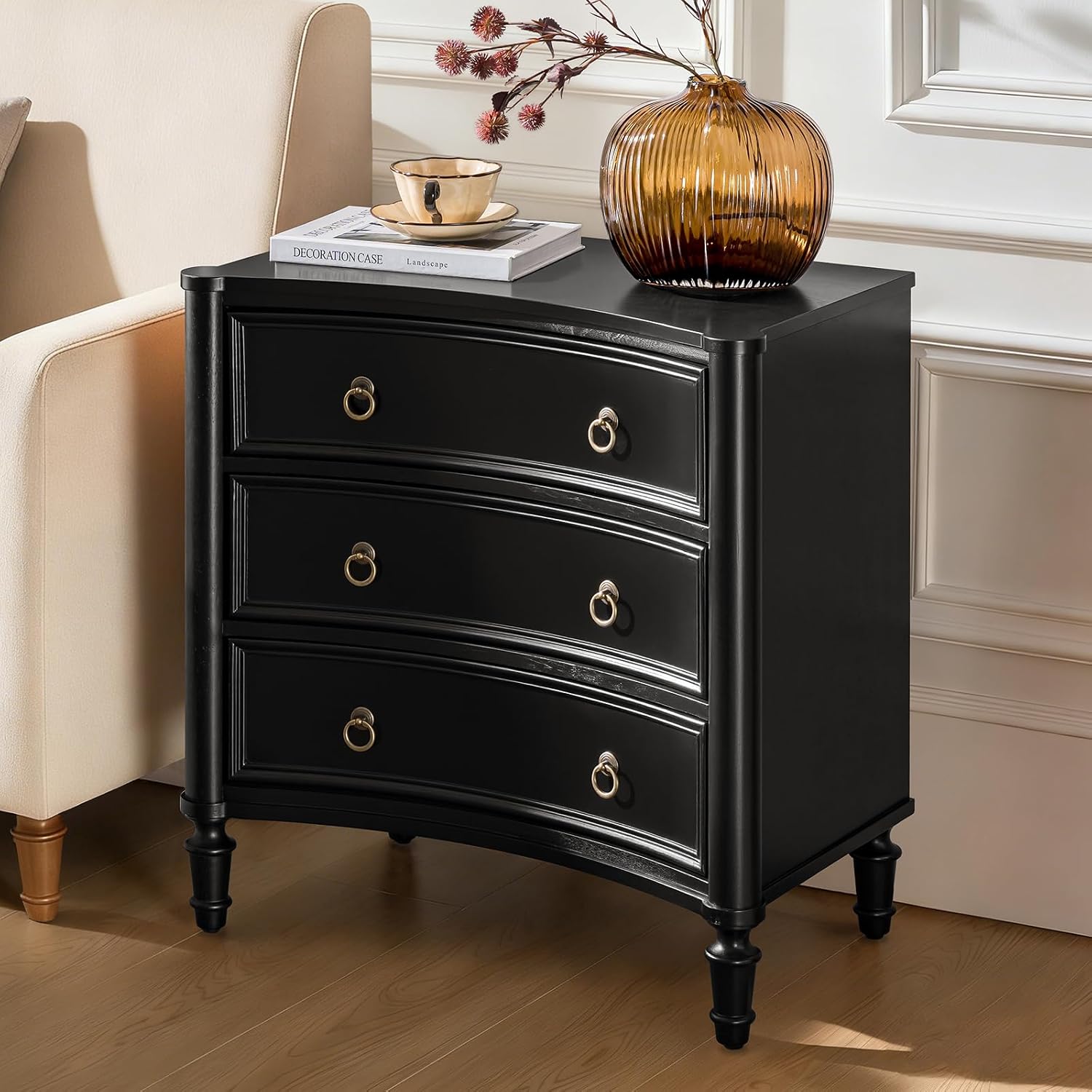 HULALA HOME 3 Drawer End Table with Charging Station, 26' Wide Endtable with Solid Wood Legs and Curved Profile, Classic Side Table for Living Room, Black