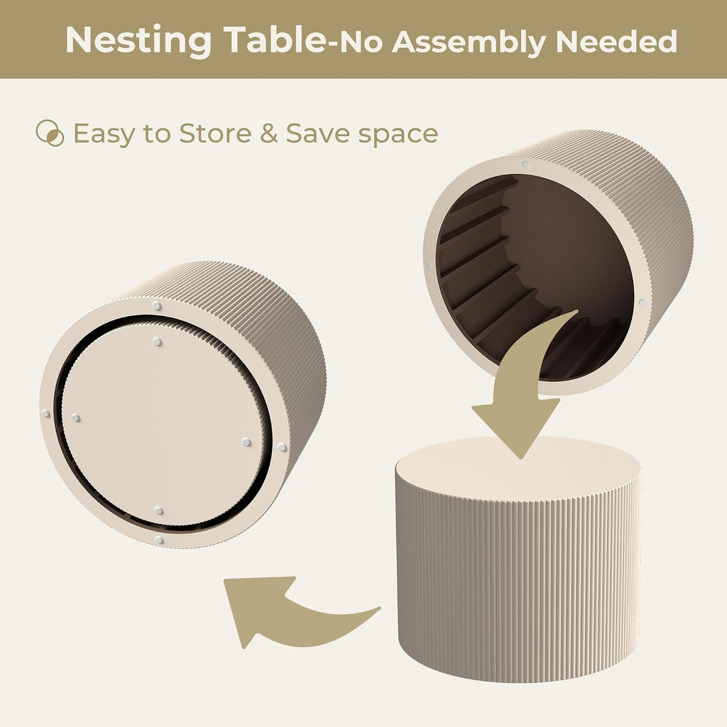 Otterease Round Coffee Table Set of 2, Modern Wooden Beige Nesting Tables for Living Room, No Assembly Required Circle Side Tables Set Accent End Table for Bedroom, Balcony