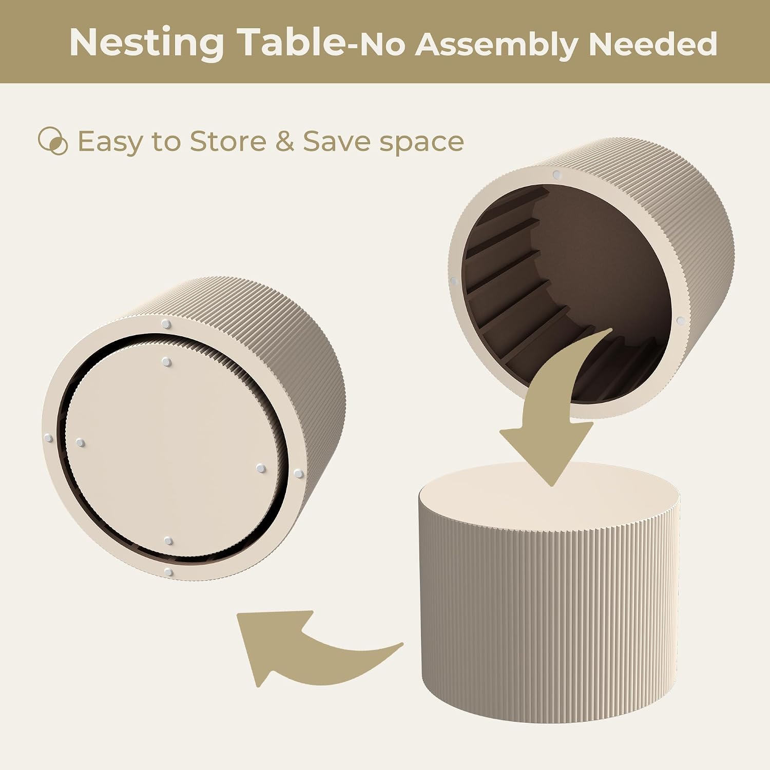 Otterease Round Coffee Table Set of 2, Modern Wooden Beige Nesting Tables for Living Room, No Assembly Required Circle Side Tables Set Accent End Table for Bedroom, Balcony
