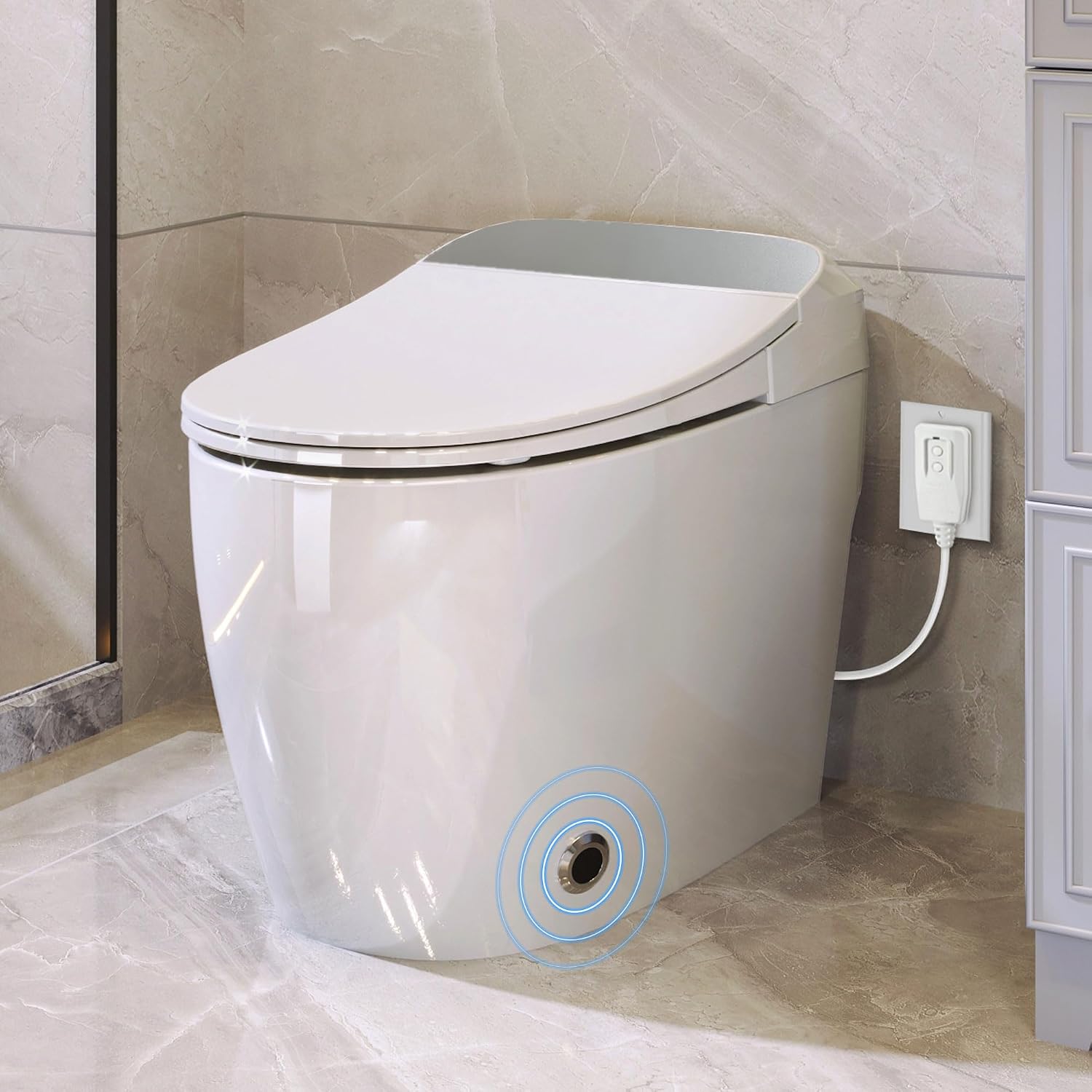 Smart Bidet Toilet with Auto Open & Close Seat, Elongated One Piece Self Flushing Toilet, Heated Seat Warm Water Sprayer, Foot Sensor Operation, Modern Electric Toilet for Bathroom Renovation